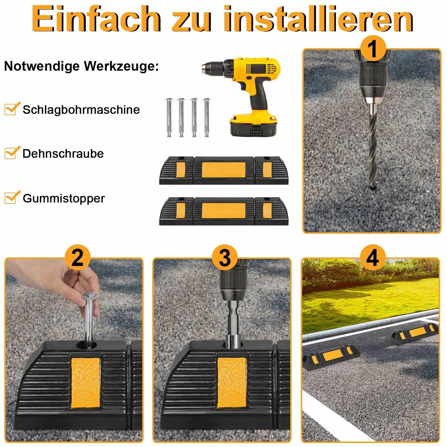 UISEBRT Gumowy stoper parkingowy do garażu – 2 gumowe stopery parkingowe, bariera parkingowa z paskami odblaskowymi do garażu i parkingu, 60 x 12 x 10 cm, czarny + żółty (2 sztuki)