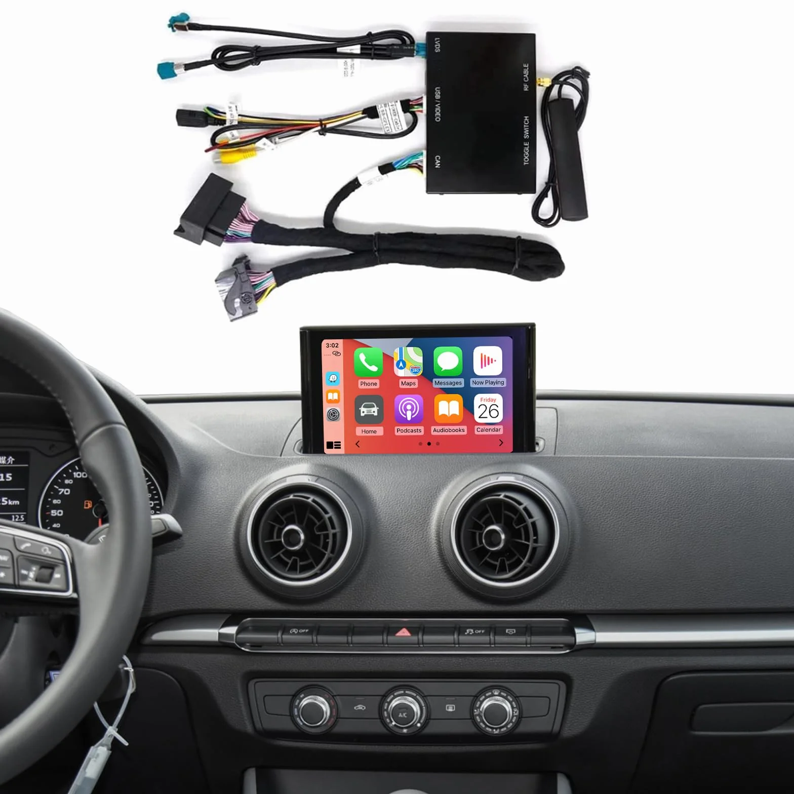 Road Top Bezprzewodowy Carplay Android Auto dla Audi A3 2013-2018 Rok, Dekoder zestawu modernizacyjnego Carplay, Obsługa Siri Mirror Link, Kamera wsteczna, Nawigacja