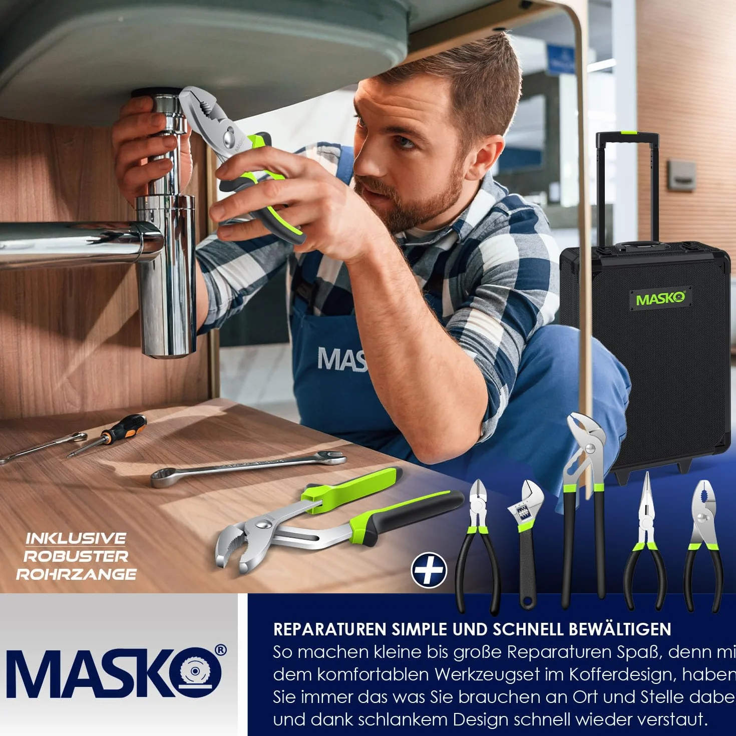MASKO Walizka narzędziowa 1400-częściowa wypełniona | zestaw narzędzi w walizce aluminiowej | skrzynka na narzędzia z kółkami | skrzynka narzędziowa do domu, domu, hobby, samochodu | funkcja wózka |