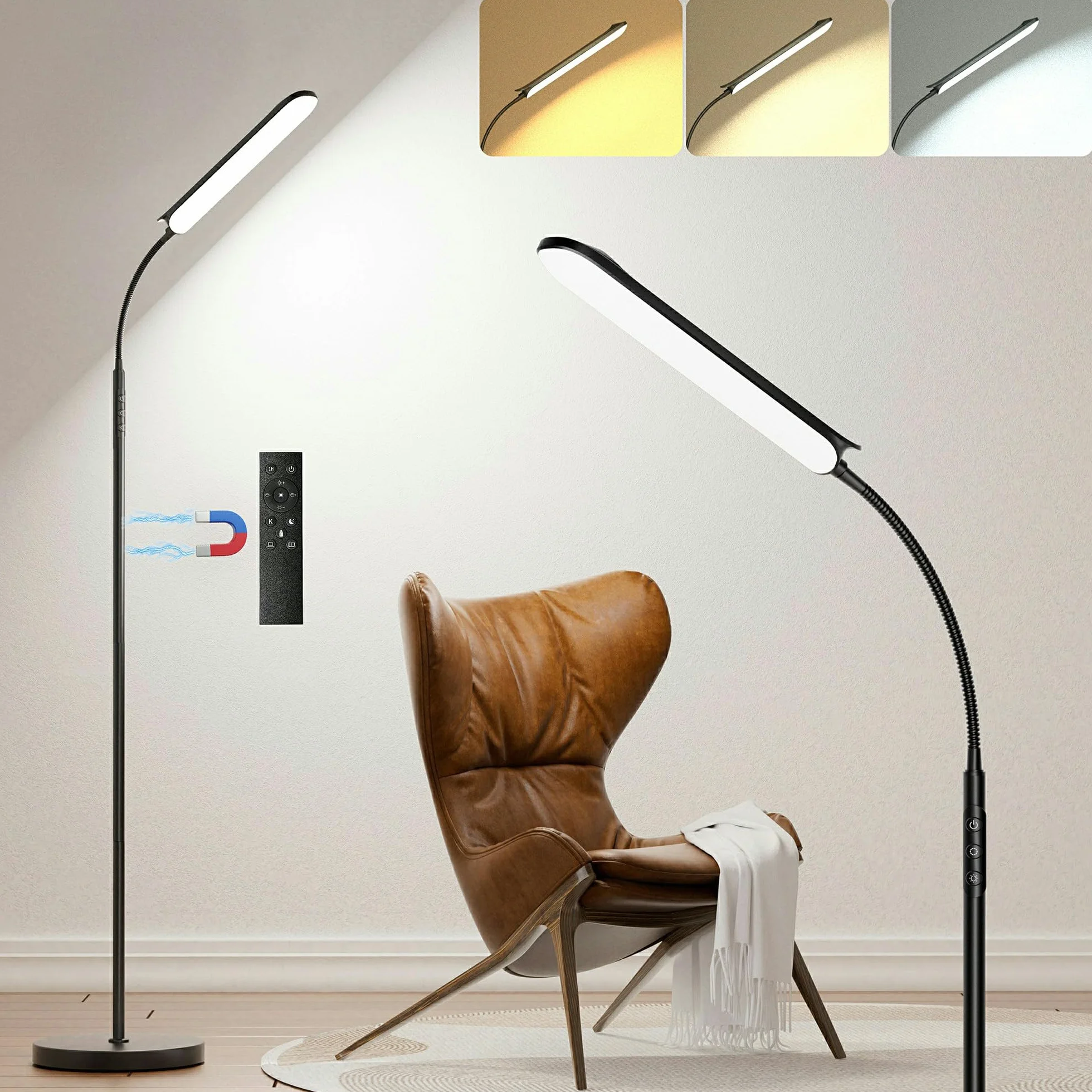 18W Lampa podłogowa LED ściemnialna, Lampa do czytania sofy z 4-kolorową temperaturą, pilot zdalnego sterowania i sterowania dotykowym, nowoczesna lampa podłogowa do salonu Sypialnia biuro, czarny