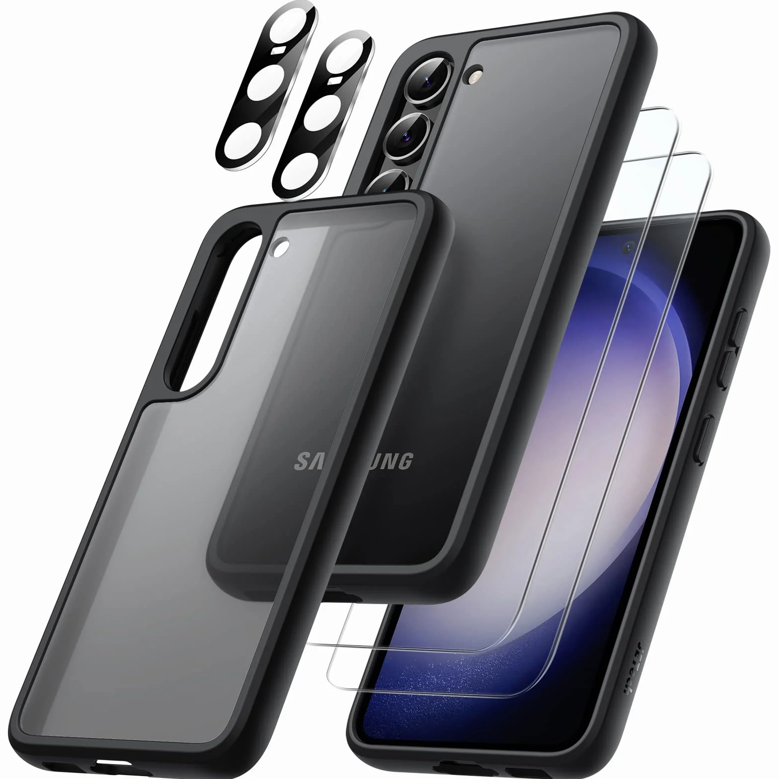 JETech Etui Matowe dla Samsung Galaxy S23 5G 6,1 Cala z Ochraniacz Ekranu i Obiektyw Aparatu, Półprzezroczysta Tylna Case, Szkło Hartowane (Czarny)