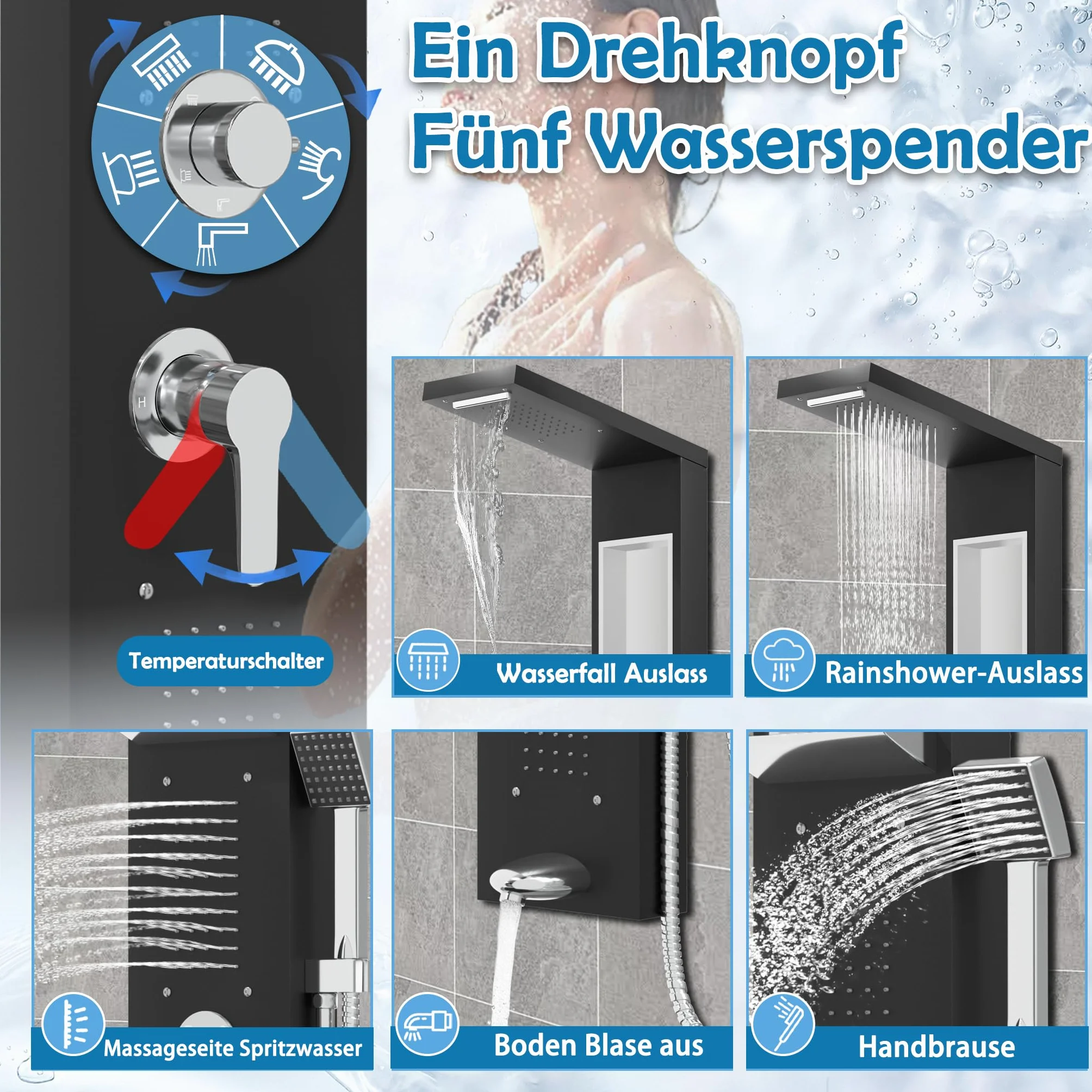 YUENFONG Panel prysznicowy 5 w 1 System prysznicowy ze stali nierdzewnej, wielofunkcyjny prysznic, w zestawie deszczownica, wodospad, masaż pleców, słuchawka prysznicowa, łatwy montaż na ścianie