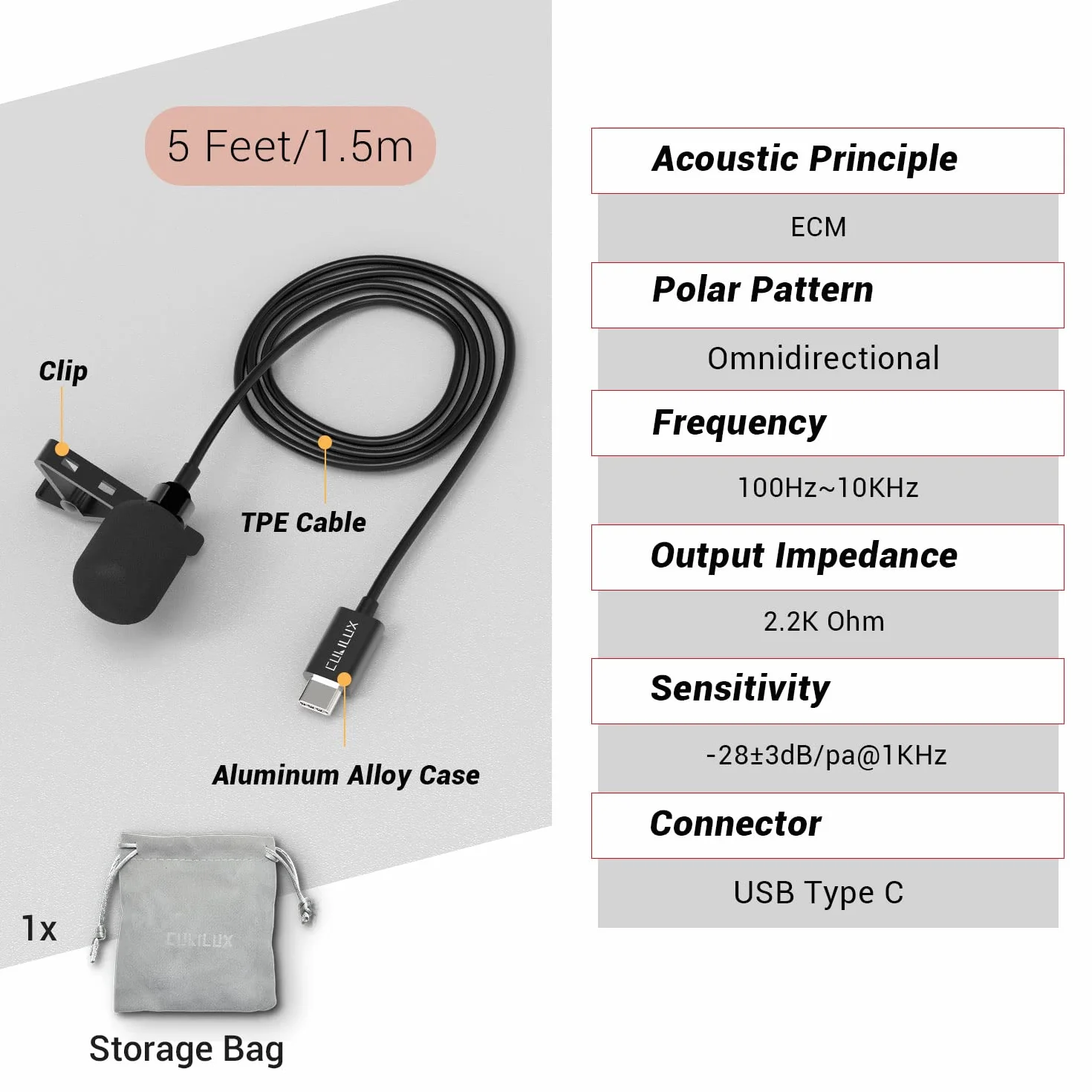 Cubilux USB C Lavalier MIC, mikrofon zewnętrzny do iPhone 15+, iPad, Samsung S24/S23/S22/S21, Z Fold/Flip, Tab S9/S8, 5 FT