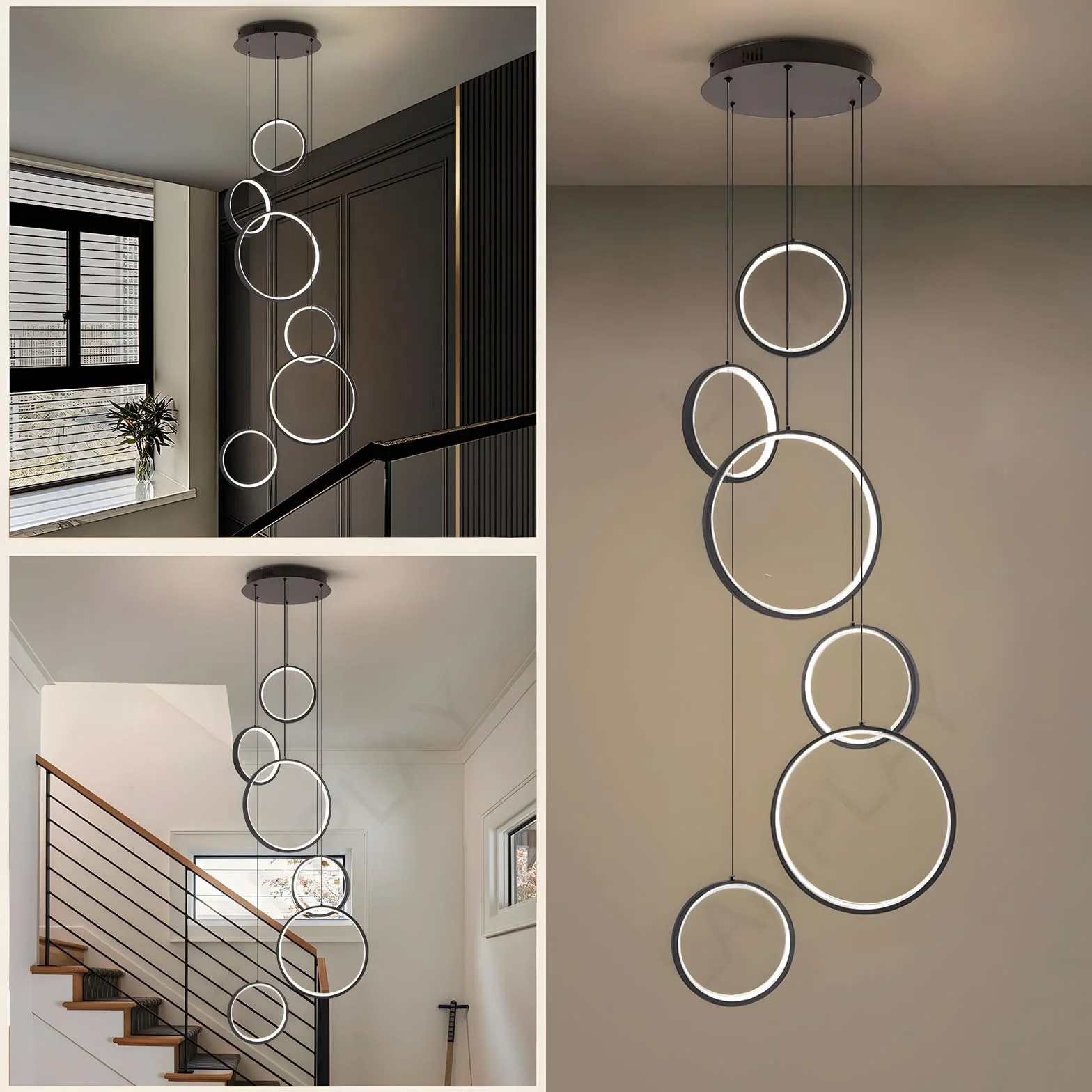 LED Długi Żyrandol Schodowy, Nowoczesna Lampa Na Wysoki Sufit Z 6 Czarnymi Pierścieniami, Lampa Wisząca DIY Z Regulacją Wysokości, Ściemniana Za Pomocą Pilota 3000K-6000K, Schody, Willa