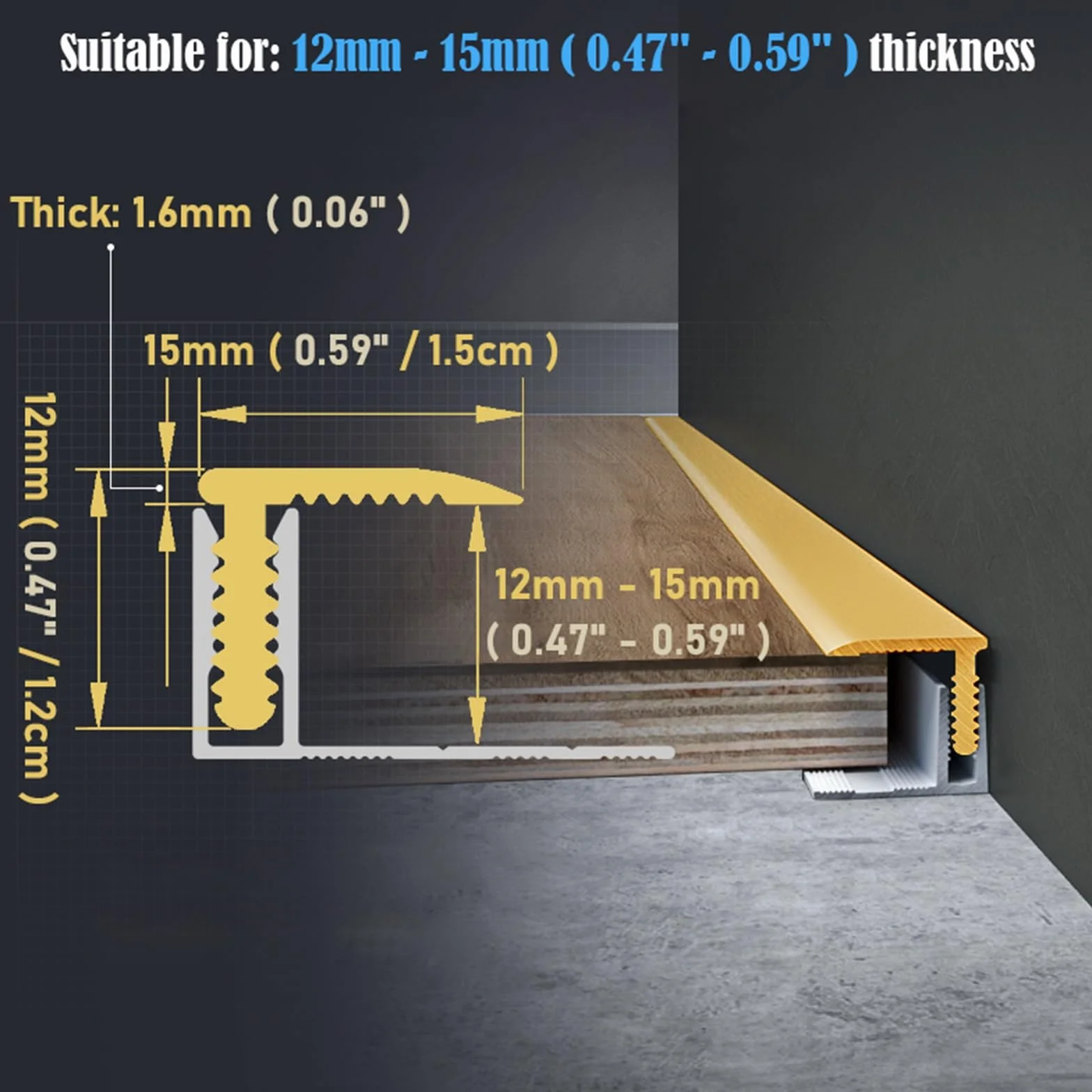 Listwa podłogowa z ap T 100240 cm, miedziana listwa Ed do wejść, drewno do płytek, cement winylowy, 15 x 12 mm i solut