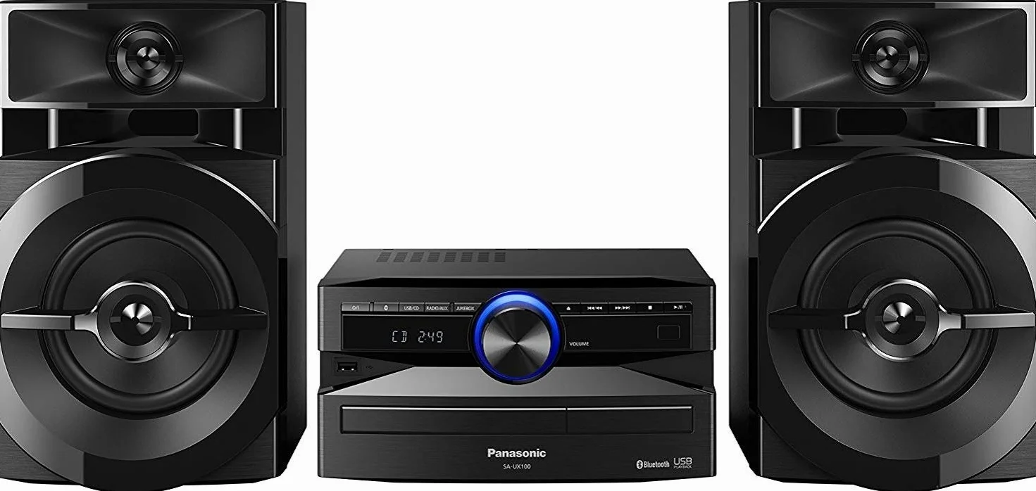 Panasonic SC-UX100 zestaw Power Audio (300W, 13cm głośnik niskotonowy, Bluetooth, CD, USB, FM, aplikacja MAX Juke, Local Preset Equalizer), czarny