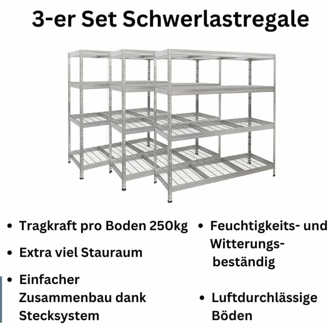 Zestaw 3 regałów do dużych obciążeń Rivet z półką z siatki stalowej 180 x 150 x 60 cm (wys. x szer. x gł.) 250 kg na półkę, ocynkowany. Regał wtykowy, metalowy regał piwniczny, regał magazynowy, regał warsztatowy
