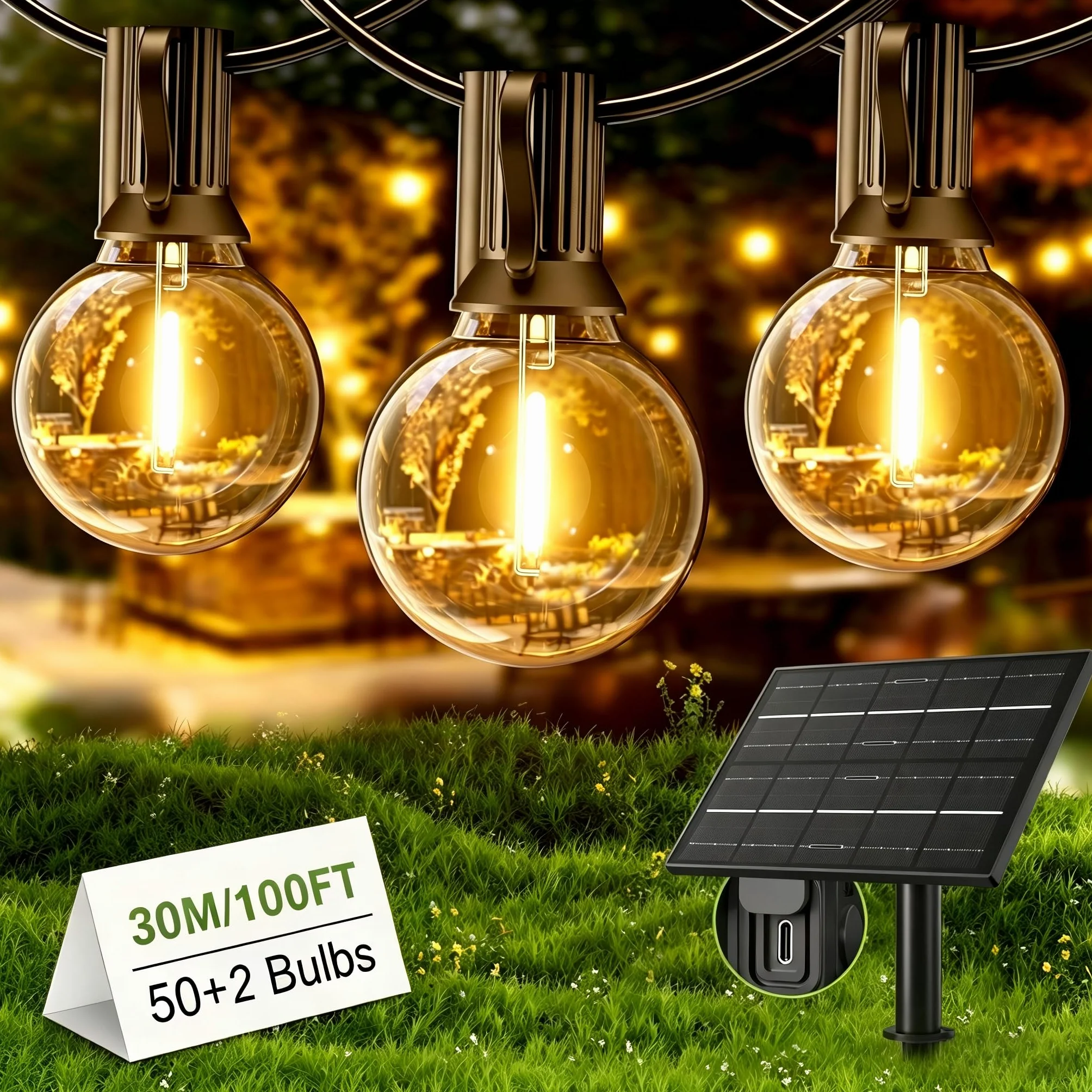 Yuusei Zewnętrzny łańcuch świetlny solarny, 30 m, oświetlenie zewnętrzne do ogrodu LED | IP65 wodoodporny i USB, 50 + 2 G40, nietłukące się globusy, do altany, balkonu, altany, patio, ślubu i przyjęć