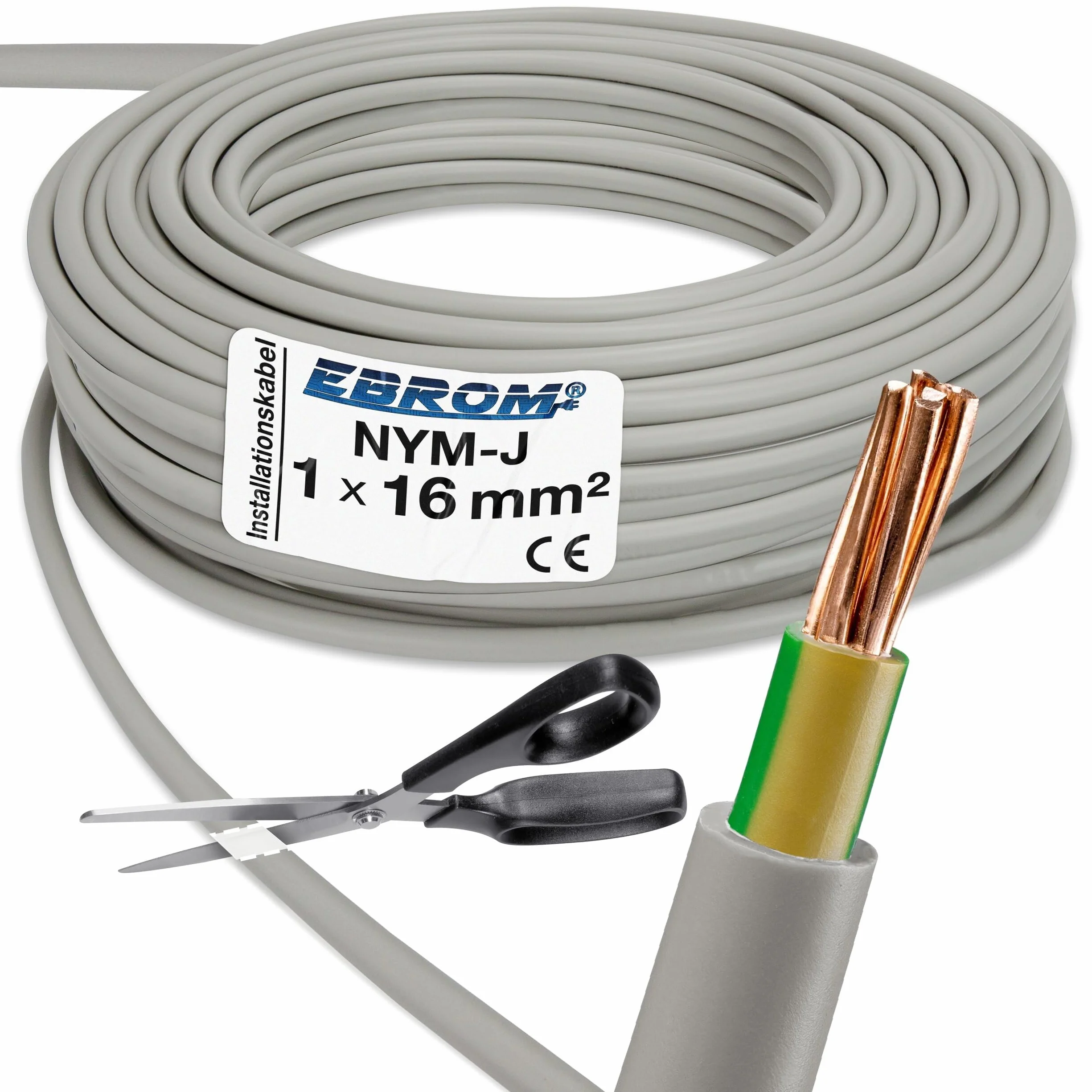 Przewód płaszczowy, przewód uziemiający, szary, NYM-J 1 x 16 mm², towar sprzedawany na metry z dokładnością co 1 metra - przykład: 20 m - 25 m - 35 m - 50 m itd.