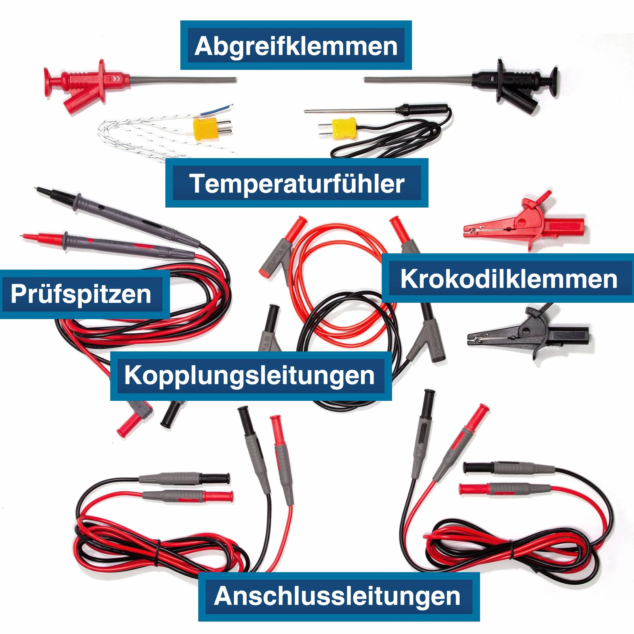 Peak Tech P 8200 — Zestaw akcesoriów pomiarowych do multimetrów cyfrowych, zestaw kabli testowych, seria elektroniki z kablami testowymi, kable laboratoryjne, przewody pomiarowe, klipsy krokodylkowe, zasilanie bateryjne - 14-częściowy z torbą