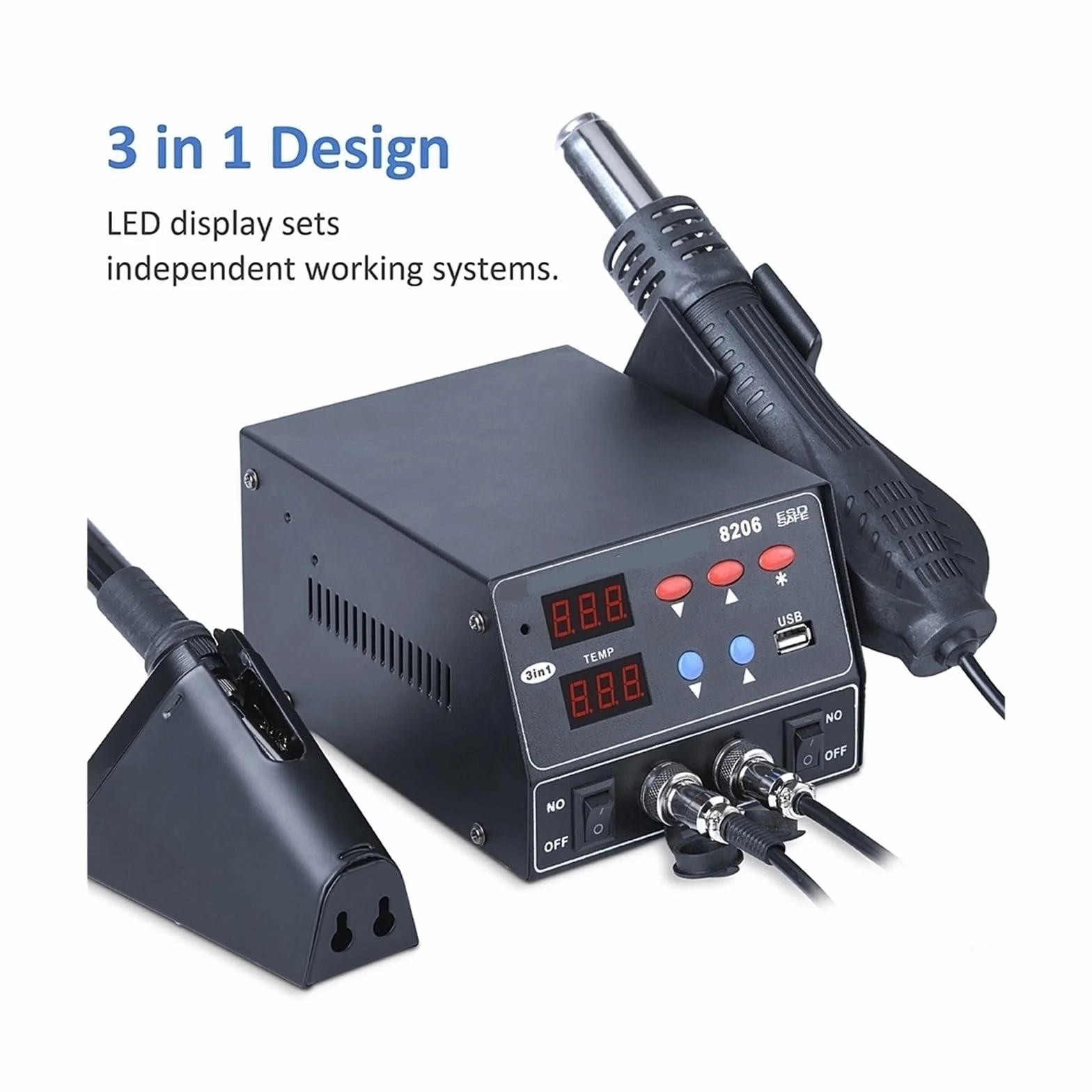 Stacja lutownicza, Stacja Lutownicza SMD 800W Szybkie Nagrzewanie 3 W 1 Opalarka Interfejs USB Wyświetlacz LED Lutownica BGA Rework Spawalnicza 8206(Brown)