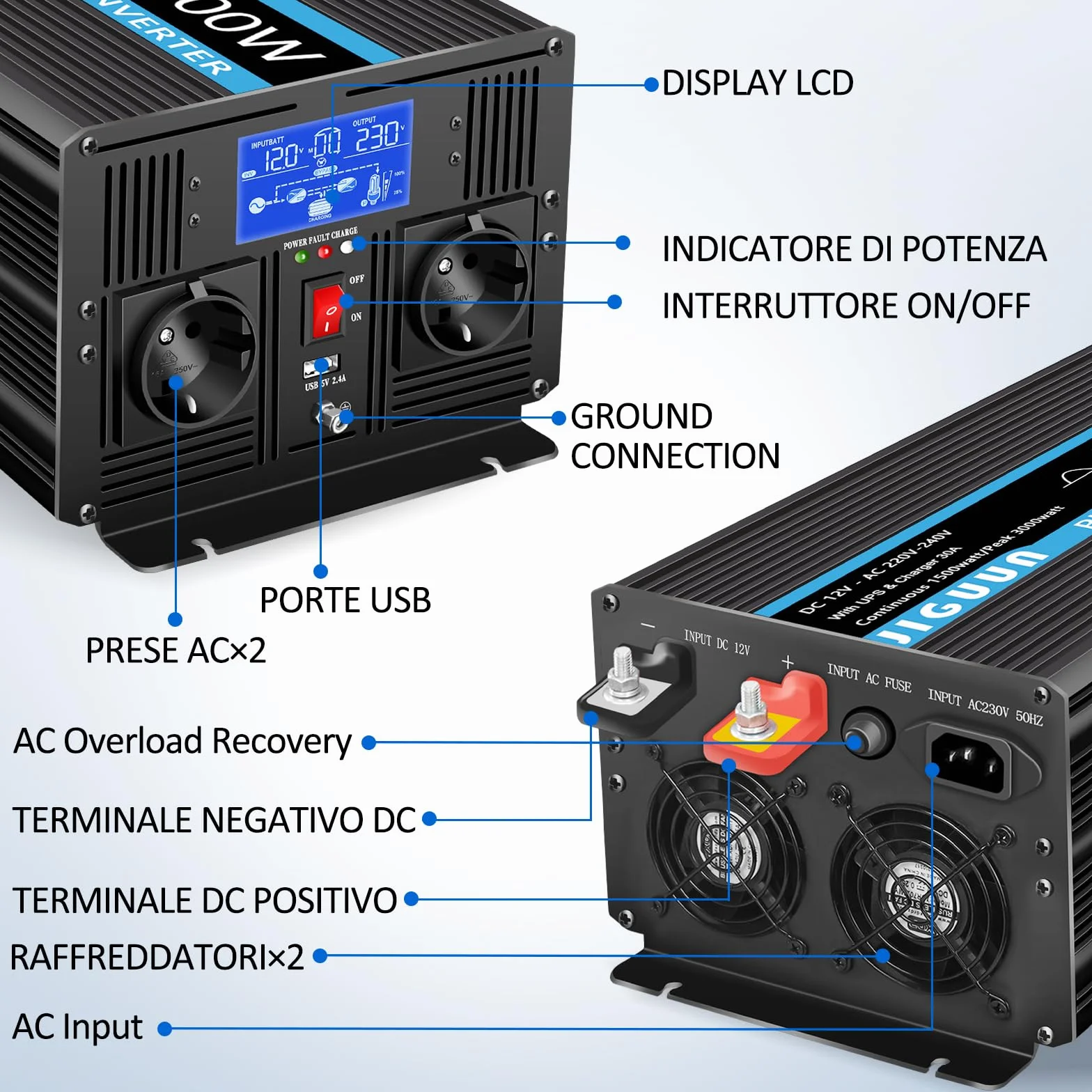 JIGUUN Przetwornica napięcia 1500 W 3000 W 12 V 230 V 30 A USV 2 gniazda EU pilot LCD