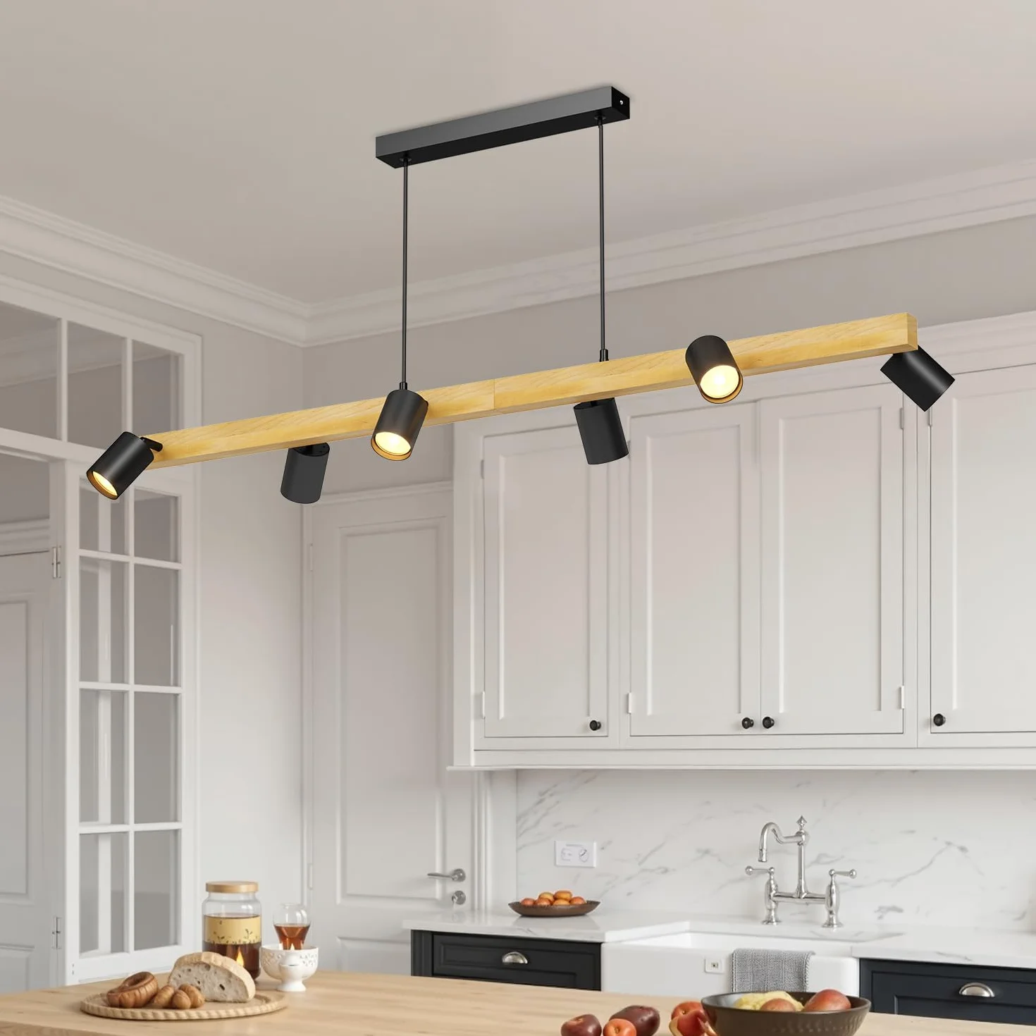 LVWIT Czarne lampy wiszące, lampy wyspowe do kuchni GU10, drewniane lampy sufitowe, lampa sufitowa do jadalni z 6 podstawami, salonu, sypialni, przedpokoju (bez żarówek)