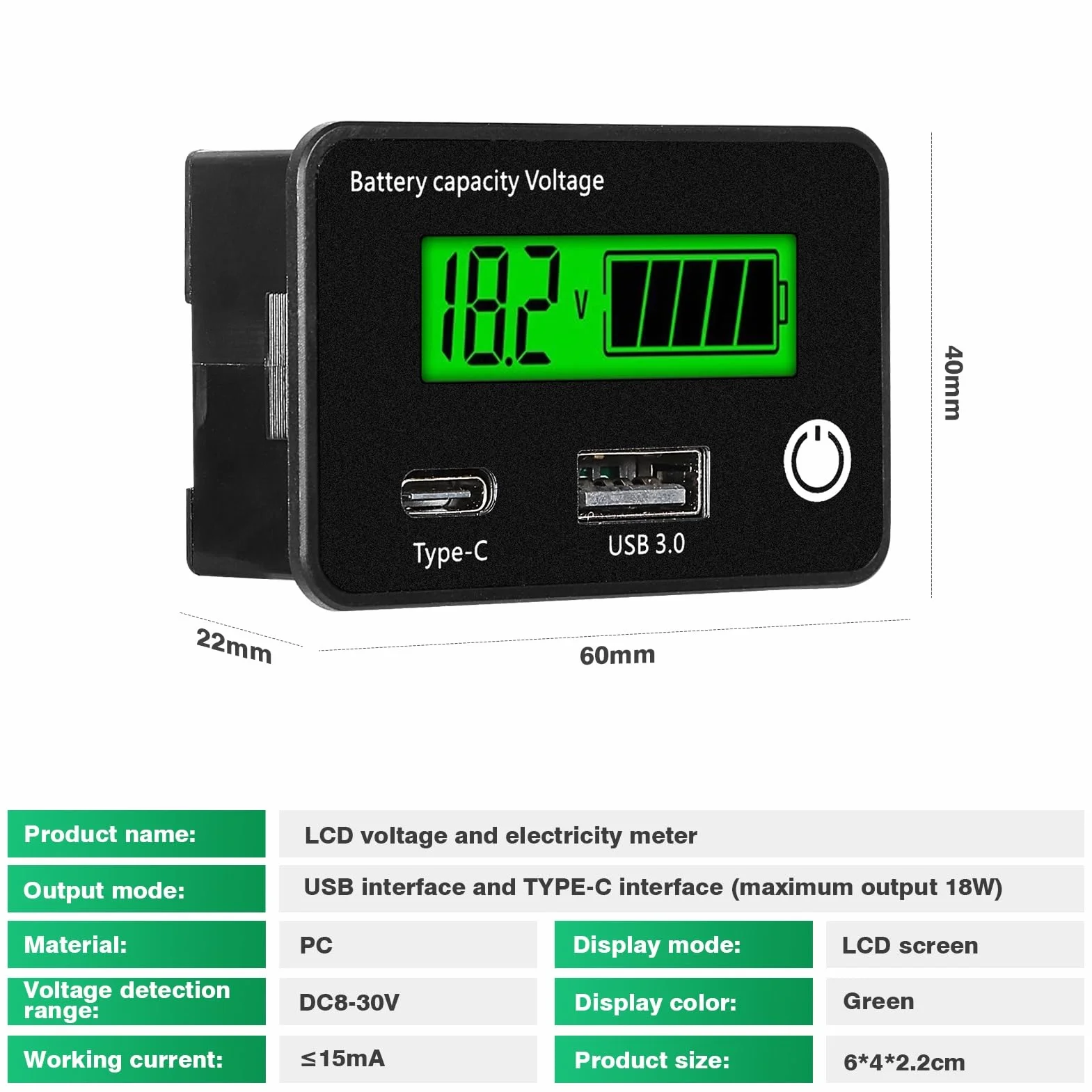 DEWIN Monitor pojemności akumulatora 12 V, pojemność baterii, woltomierz, monitor baterii, wskaźnik naładowania z interfejsem USB i USB C, 12 V, 24 V, wskaźnik baterii ołowiowo-litowej
