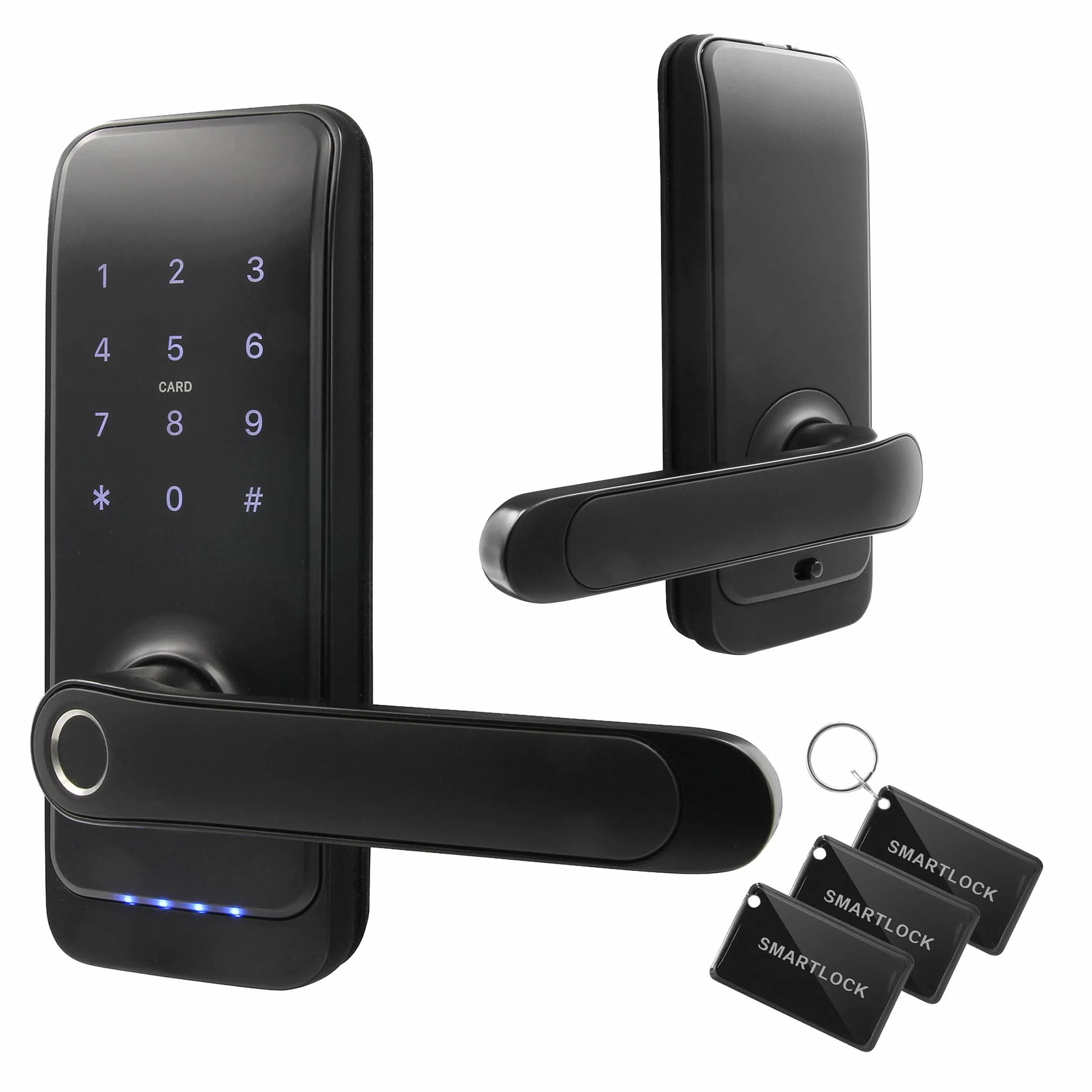 EURA ELH-01H4 inteligentny zamek do drzwi z uchwytem, zamek kodowy, czytnik zbliżeniowy 13,56 MHz, czytnik biometryczny, aplikacja TTLock/TTHotel, IP65, uniwersalny odstęp rygli, czarny