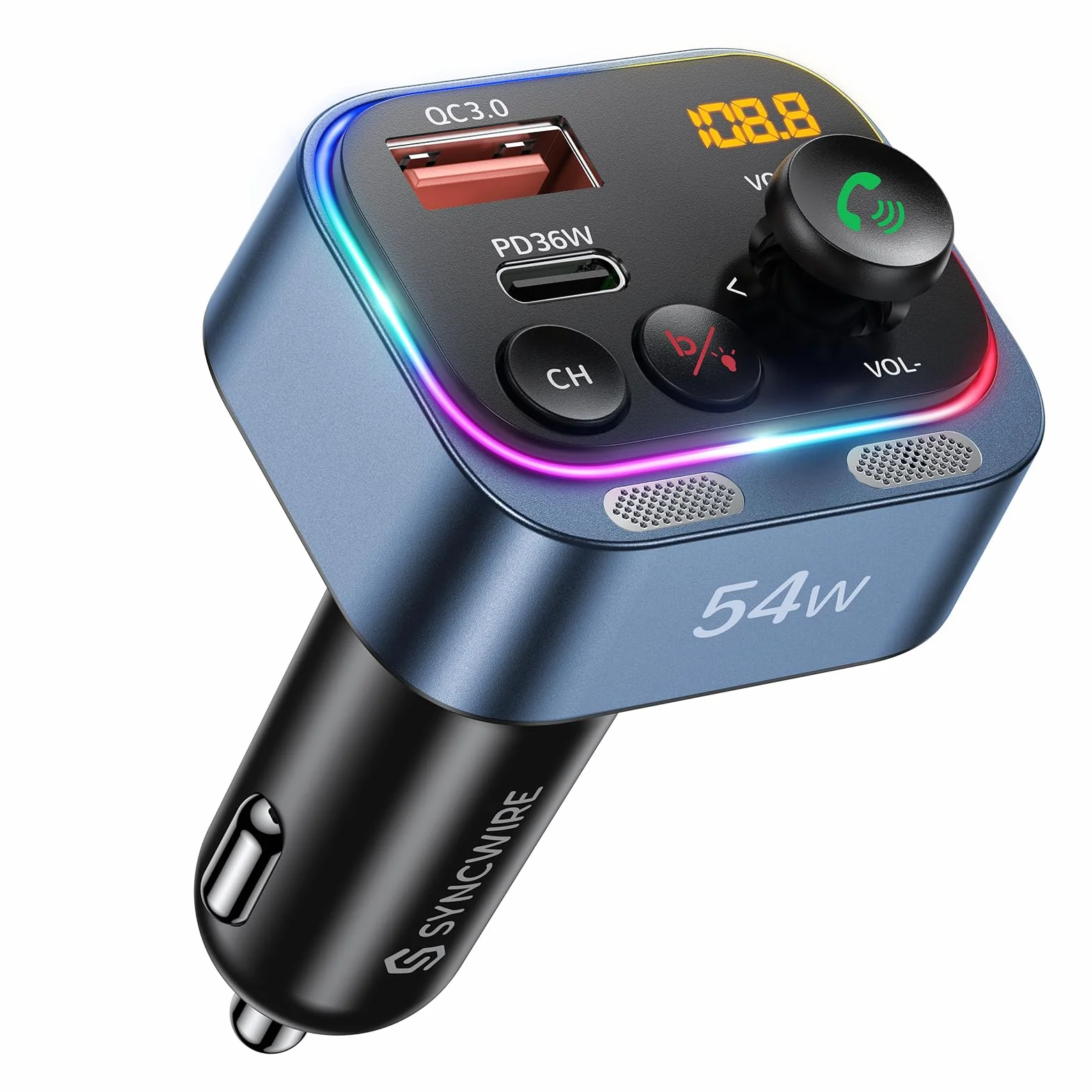 Syncwire Nadajnik FM Bluetooth 5.4 54W PD&QC3.0 Ładowarka samochodowa USB C [Podwójny mikrofon i dźwięk basowy HiFi] [Szybkie ładowanie] [Przełącznik światła] Odbiornik radiowy rozmowy głośnomówiący,