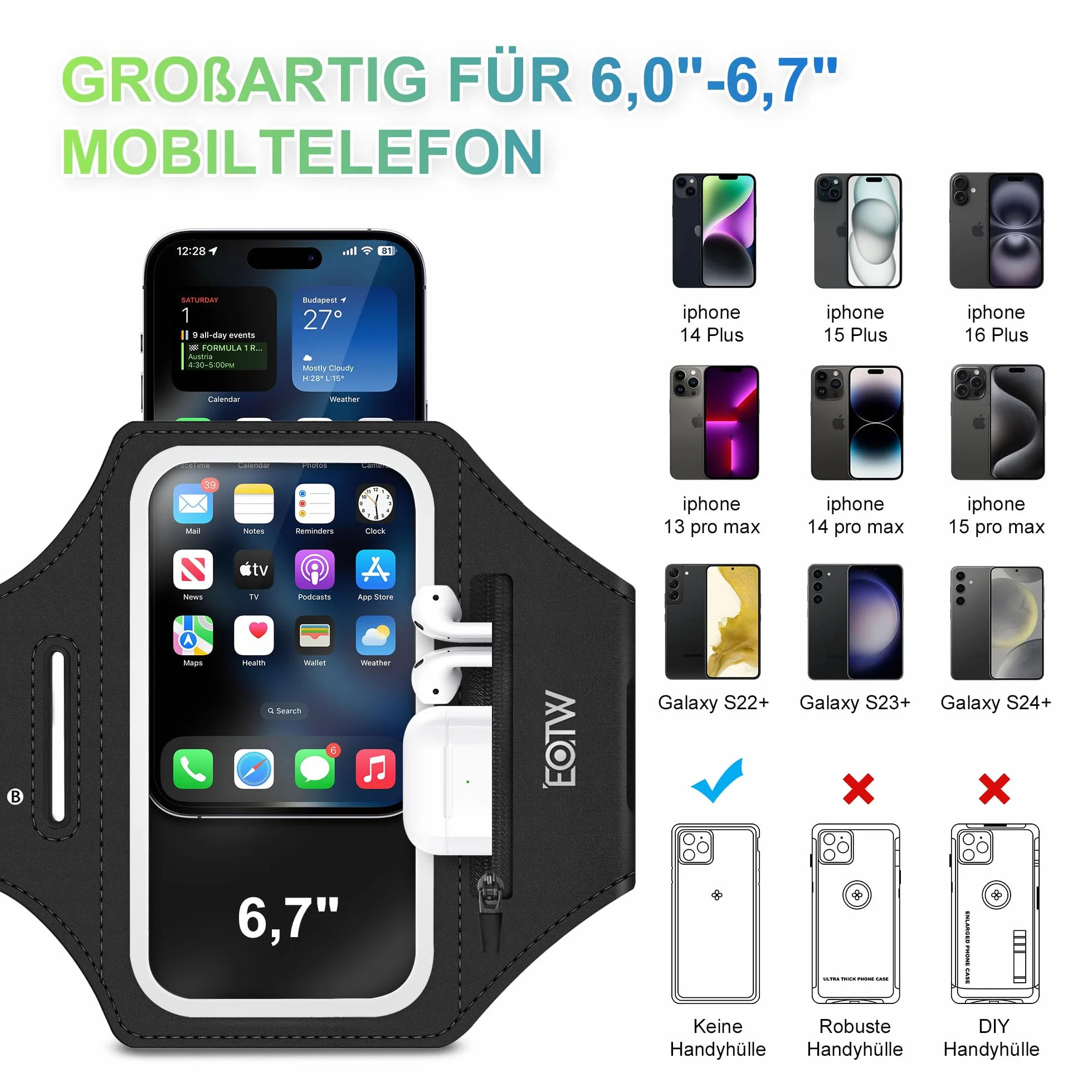 Bransoletka sportowa do joggingu z uchwytem na telefon etui Airpods MP3 iPhone 16/15/14/13 Pro Max Galaxy S24+/S23+/S22/S21 6,0-6,7 cala