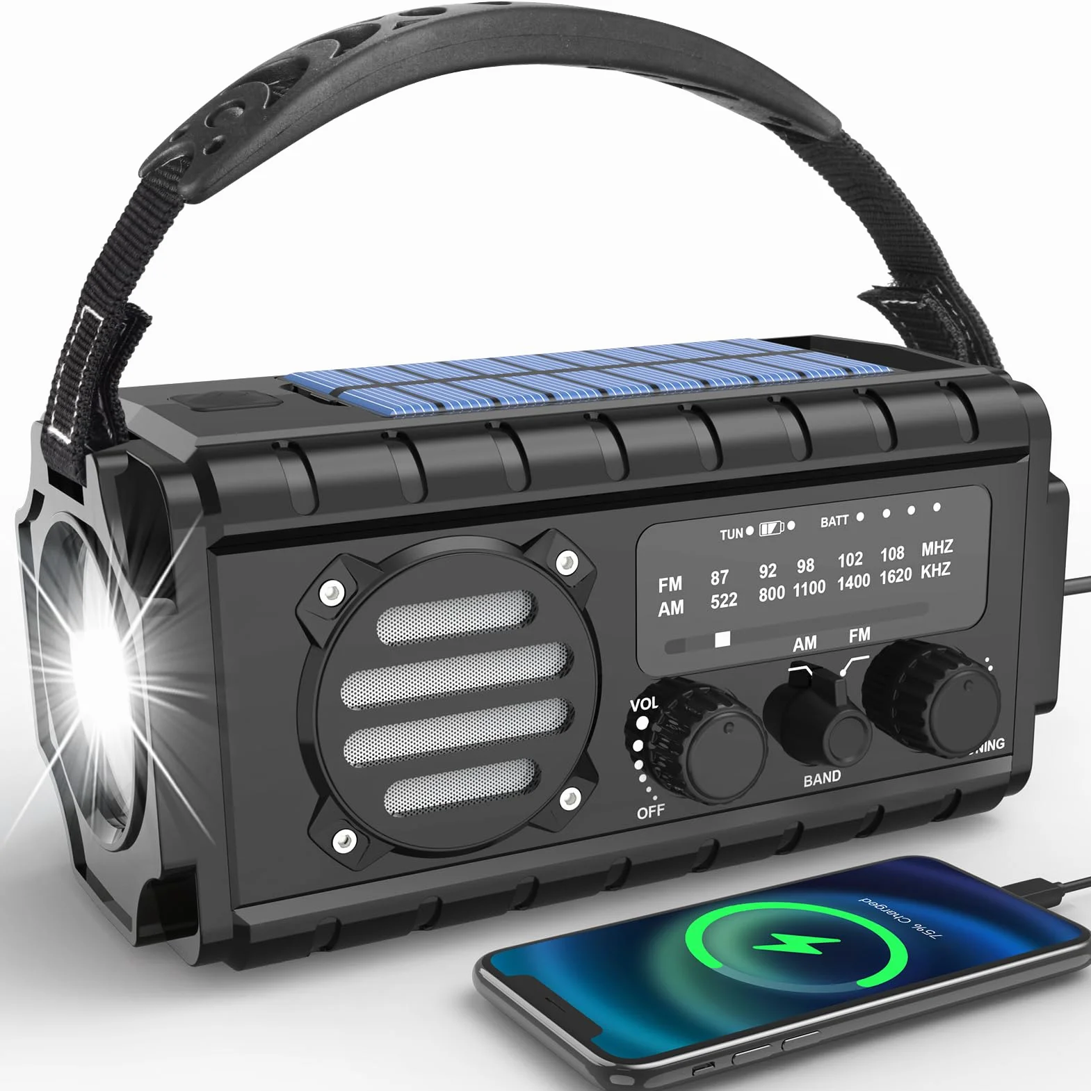 Nigecue Radio Solarne 20000mAh Przenośne z Korbą Dynamo AM/FM Wbudowana Bateria 3 Tryby LED Latarki Lampa Czytania Czujnik Ruchu