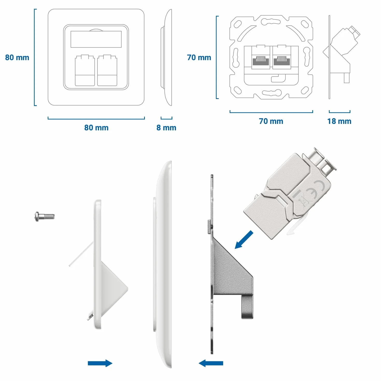 deleyCON 1x Gniazdo Sieciowe RJ45 Podtynkowe 10 Gbit/s Keystone (1x Puszka + 2x Keystone) - Gniazdo RJ45 Cat6a - do Kabli Instalacyjnych CAT6/CAT7, w Pełni Ekranowane - Biały