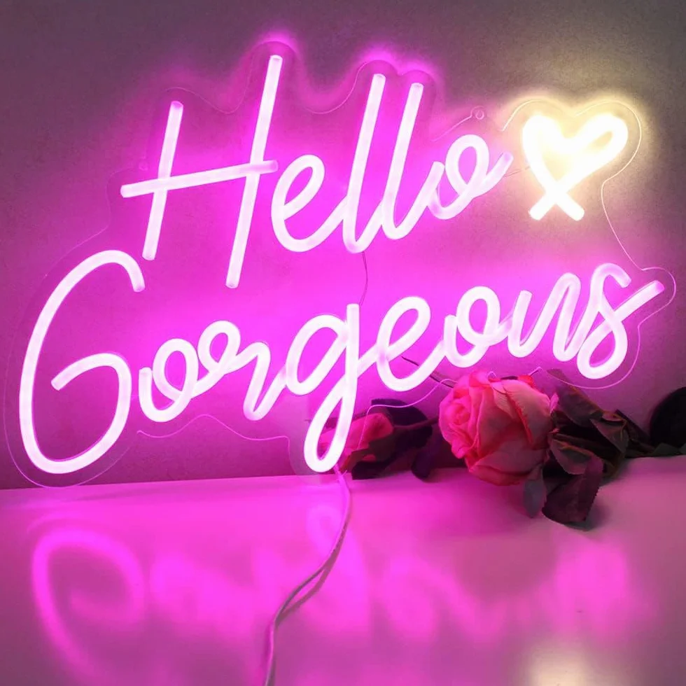 Hello Gorgeous neonowy znak Hello Beautiful różowy neonowe światła LED do domu, na ślub, urodziny, wieczór panieński, z przełącznikiem ściemnianym (5 V, 16,5 x 10,15 cm)