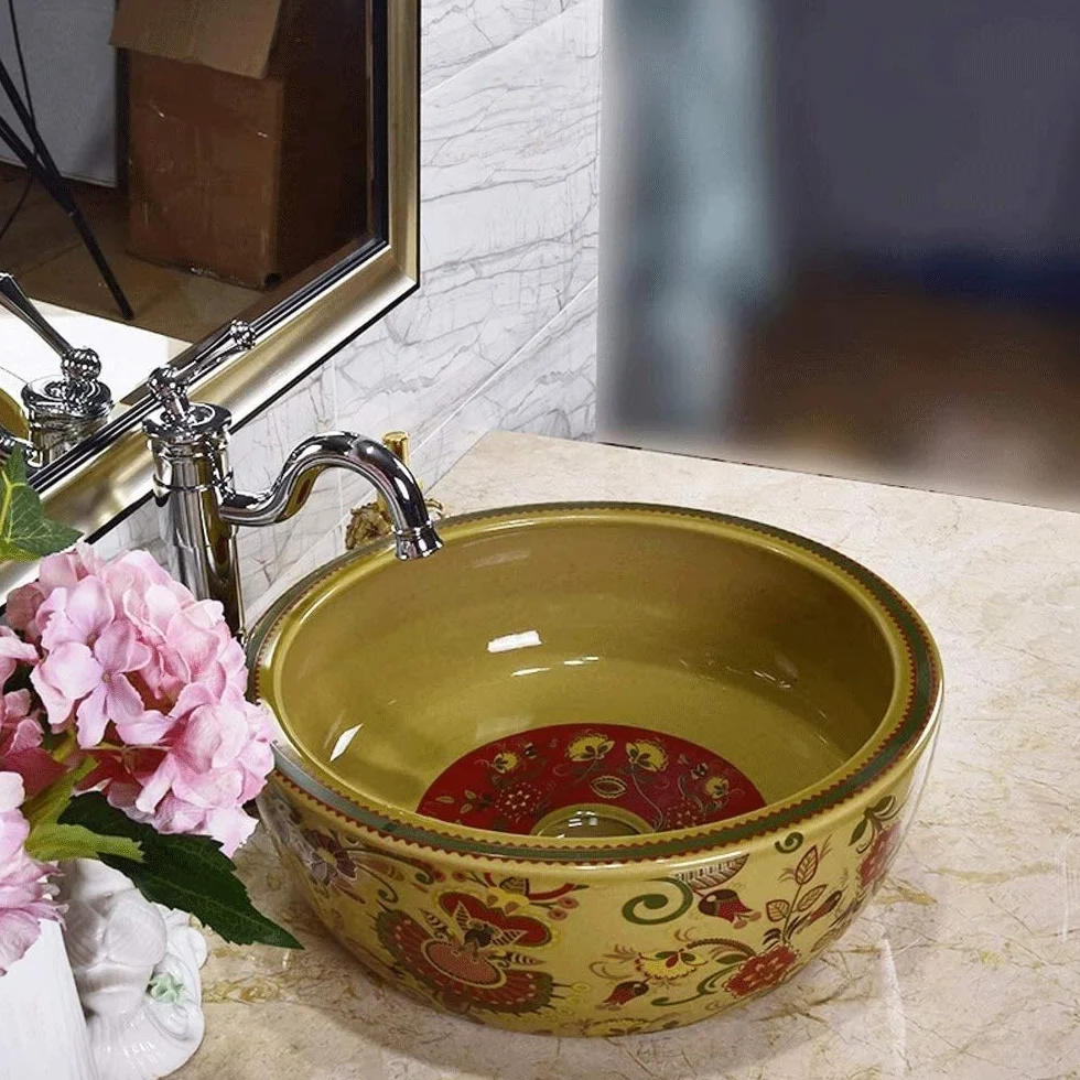 Szafka Pod Umywalkę Z Umywalką, Umywalka Łazienkowa Nablatowa, Okrągła Ceramiczna Umywalka Łazienkowa Nablatowa W Stylu Vintage, Porcelanowa Miska Nablatowa