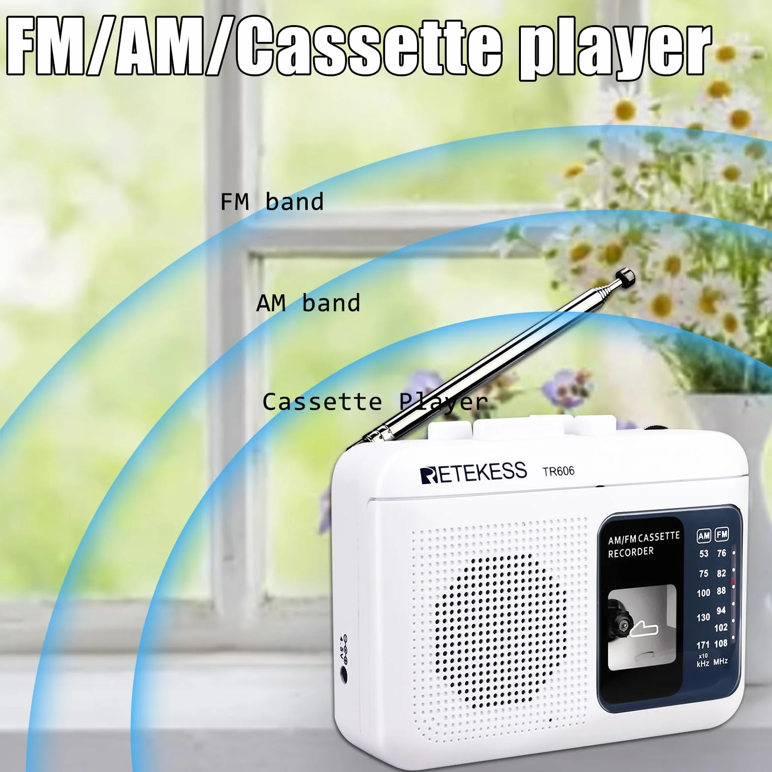 Retekess TR606 Przenośny Odtwarzacz Kaset Magnetofon Radio FM AM Gniazdo Słuchawkowe 3,5 mm Szybkie Przewijanie Biały