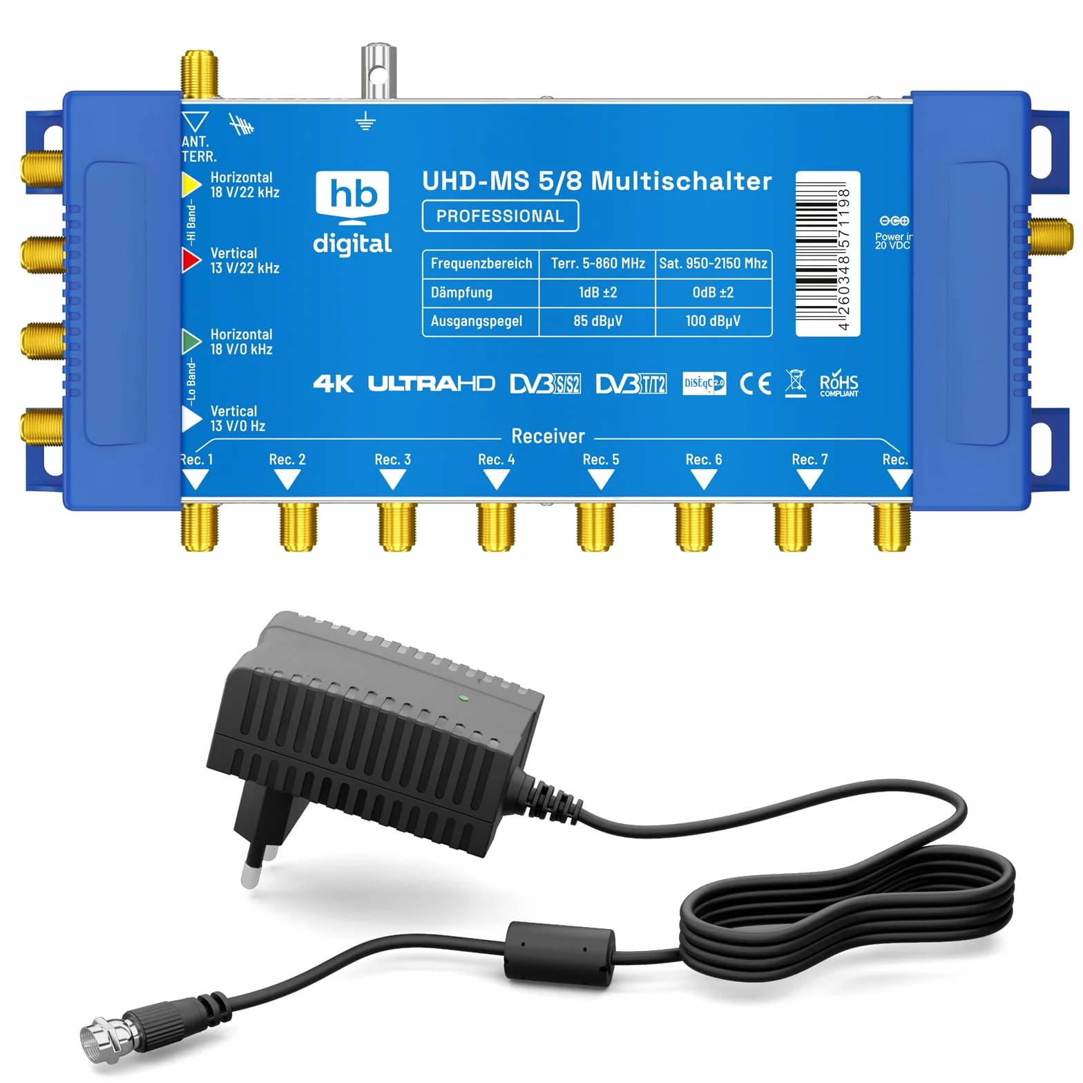 HB-DIGITAL Multiswitch PMSE 5/8 1x SAT 8 odbiorników 4K UHD z zasilaczem
