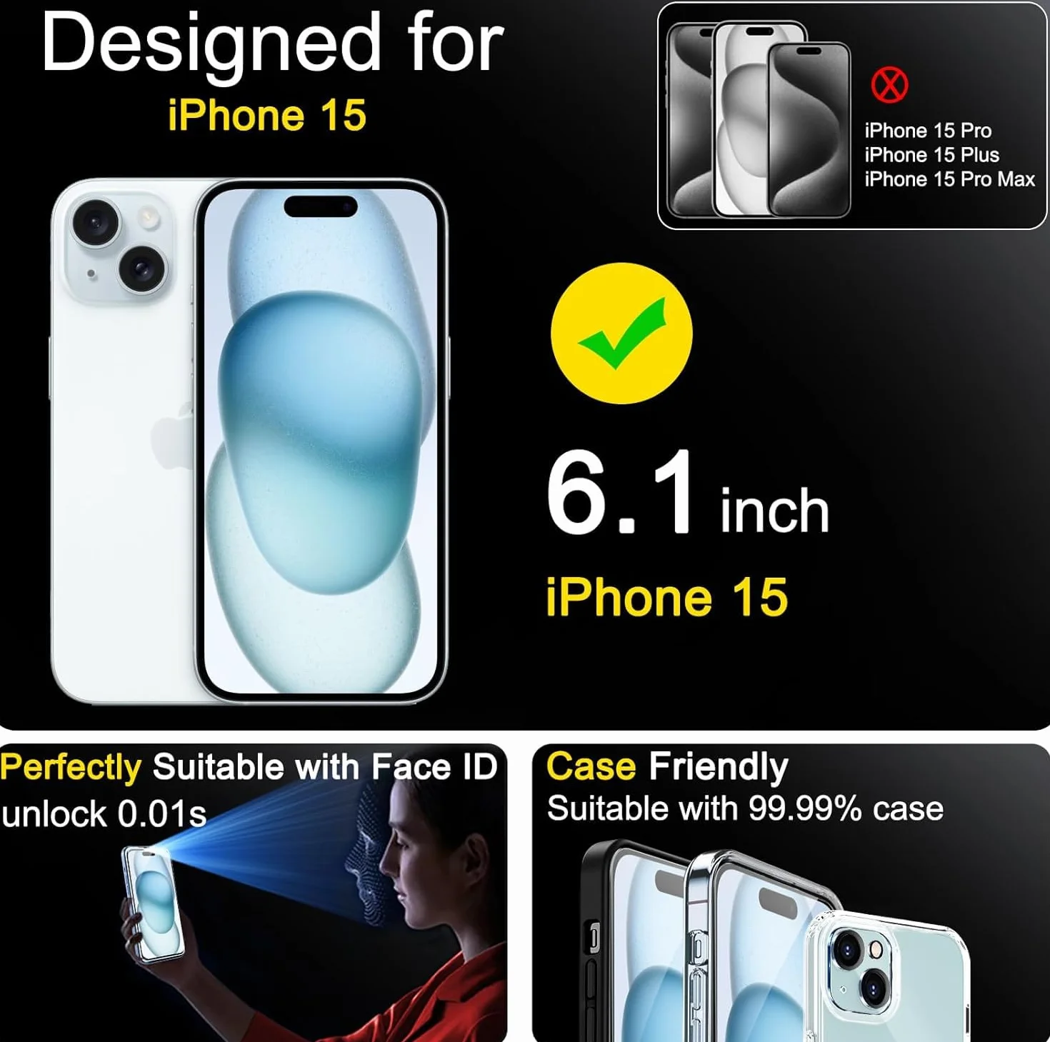 Ferilinso folia ochronna do iPhone 15 8 w 1 4 sztuki pancerna wyświetlacza 4 sztuki etui przyjazne dla aparatu