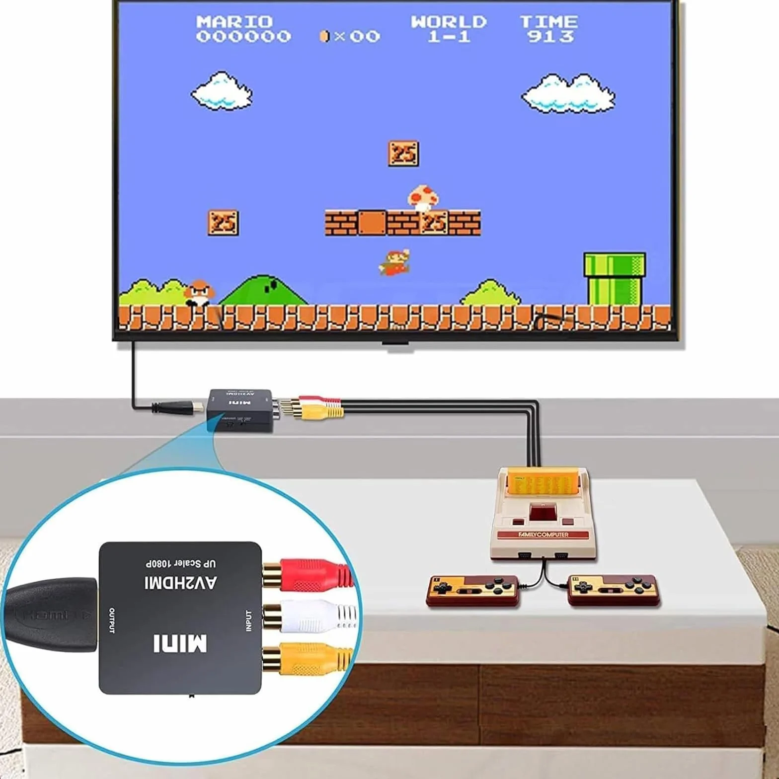 RCA na HDMI, konwerter wideo AV na HDMI, 1080P, obsługuje PAL/NTSC, zasilanie USB, Plug and Play, do komputera, laptopa, Xbox, PS4, PS3, TV, STB, VHS, magnetowidu, aparatu, DVD
