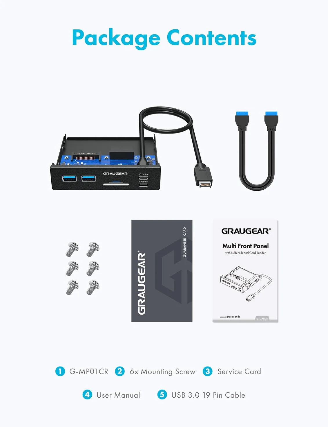 GRAUGEAR 6 interfejsów panel przedni o przekątnej 3,5 cala, USB3.2 Gen2 x 2 typ C do 20 Gbit/s, 2 x USB-A+USB-C, czytnik kart SD+microSD, Key-A 20-pin i 19-pinowy nagłówek, metal