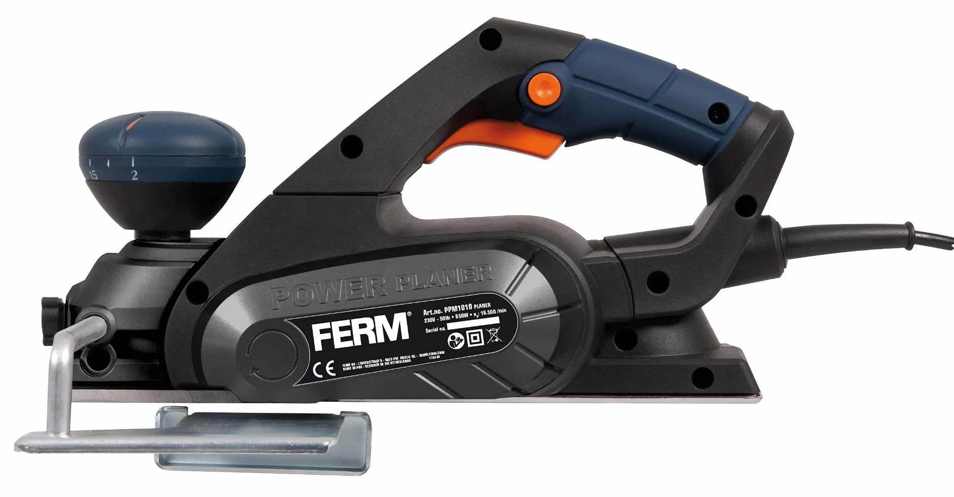 FERM Strug elektryczny, 650 W, miękki uchwyt, 8 pozycji, prowadnica równoległa, z workiem na kurz