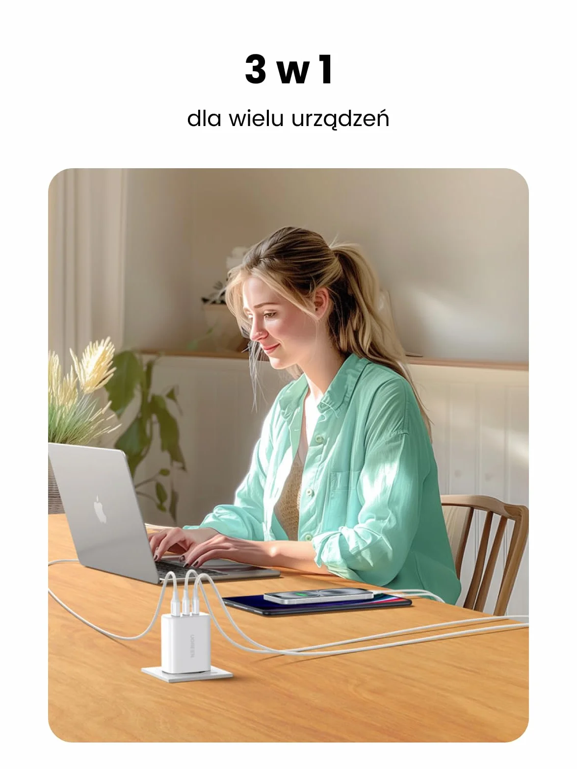 UGREEN 65W 3-portowa szybka ładowarka USB C kompatybilna z MacBook Pro, iPhone, Galaxy S23 Ultra, S22, S21 (Biały)