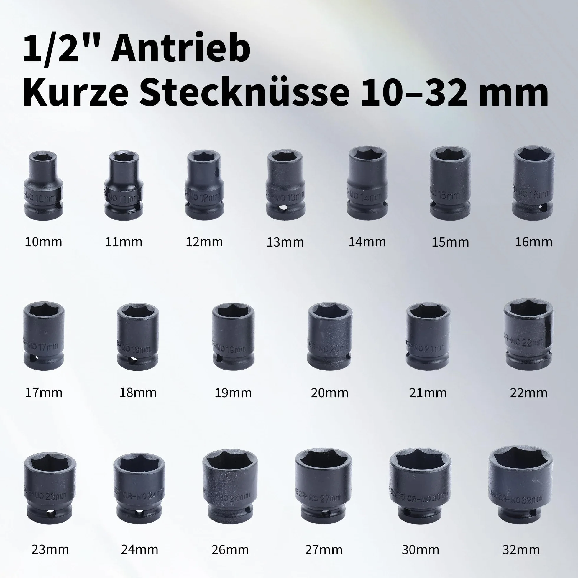CCLIFE 40-częściowy zestaw kluczy nasadowych do wkrętarki udarowej 1/2 cala, stal Cr-Mo, długie i krótkie nakrętki 10-32 mm, w zestawie przedłużenie (125 mm) + przegub kardanowy, wytrzymały zestaw
