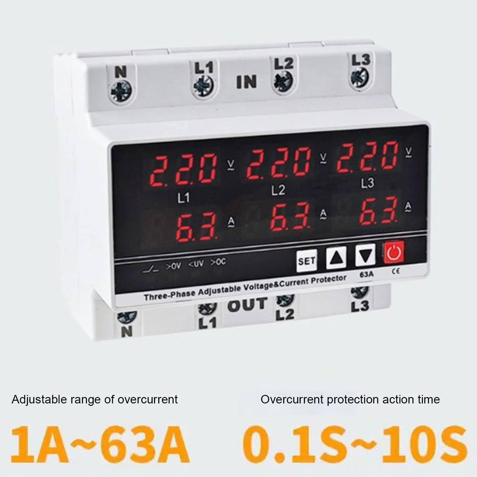 Przekaźnik Podnapięciowy 3-fazowy Regulowany AC120V-300V 63A z Woltomierzem i Amperomierzem