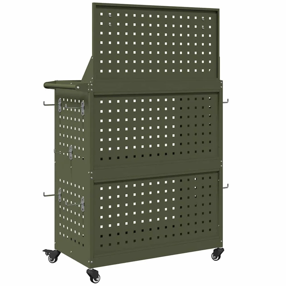 Wózek narzędziowy, oliwkowy, zielony, ze stali walcowanej na zimno, 65 x 35 x 111 cm, z 3 półkami i 12 haczykami, mobilna szafa warsztatowa do garażu, warsztatu i dla majsterkowiczów do