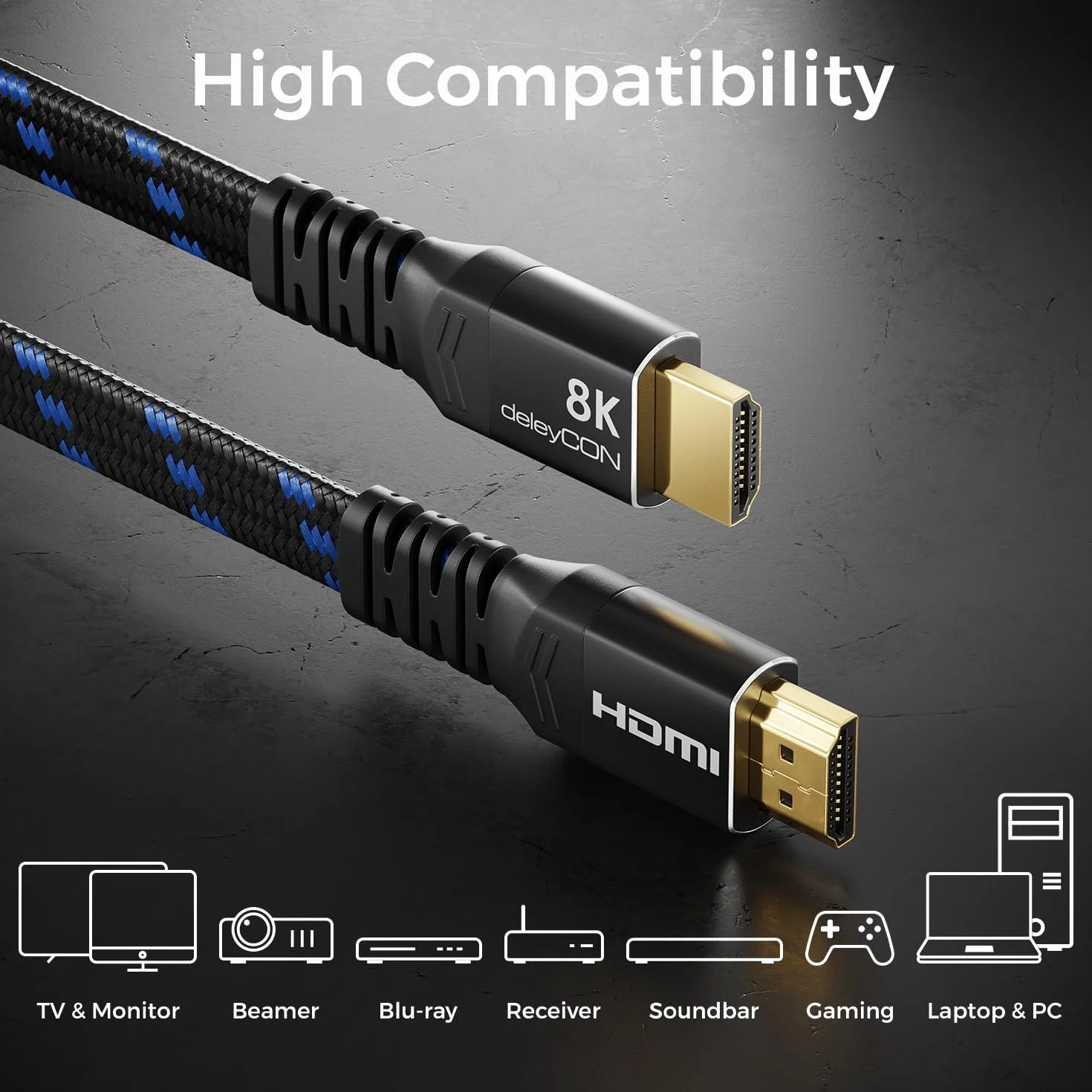 deleyCON 7,5m Płaski 8K HDMI 2.1 Kabel 48Gbps Ultra High Speed 10K/8K@60Hz 4K@120Hz/144Hz 2K@240Hz