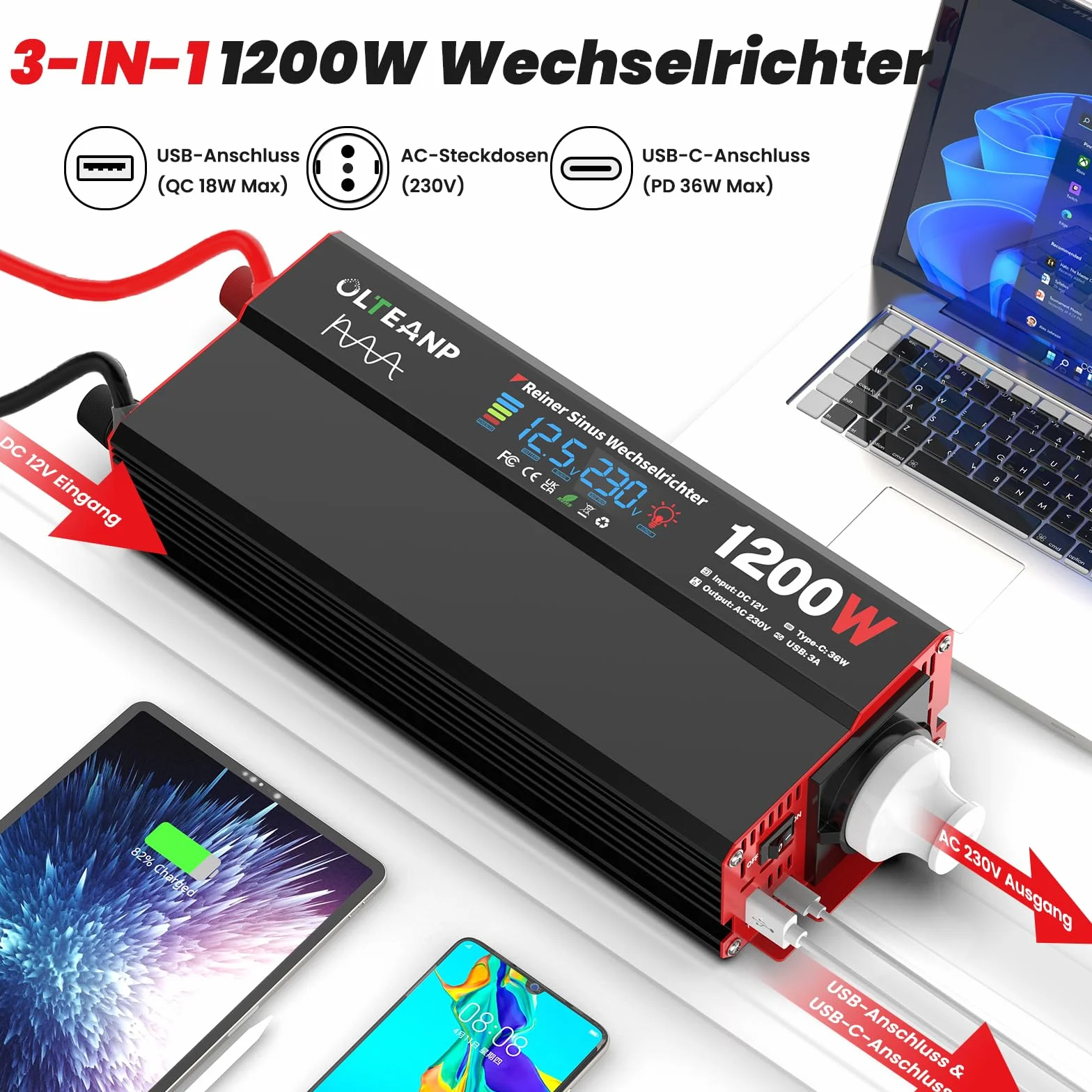 Falownik 12 V na 230 V czysty sinus 1200 W z wyświetlaczem LCD gniazda AC USB 36 W