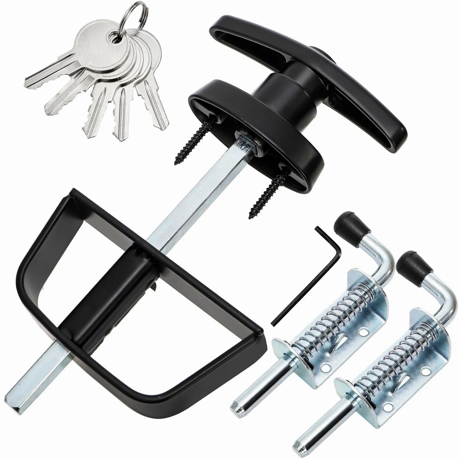WRINGKIT Zestaw zatrzasków do drzwi szopy, zamek w kształcie litery T z 5 kluczami i 2 zatrzaskami sprężynowymi, zamek do szopy trzpieniowej 5-1/5.1 cm do szopy do przechowywania stodoły, bram
