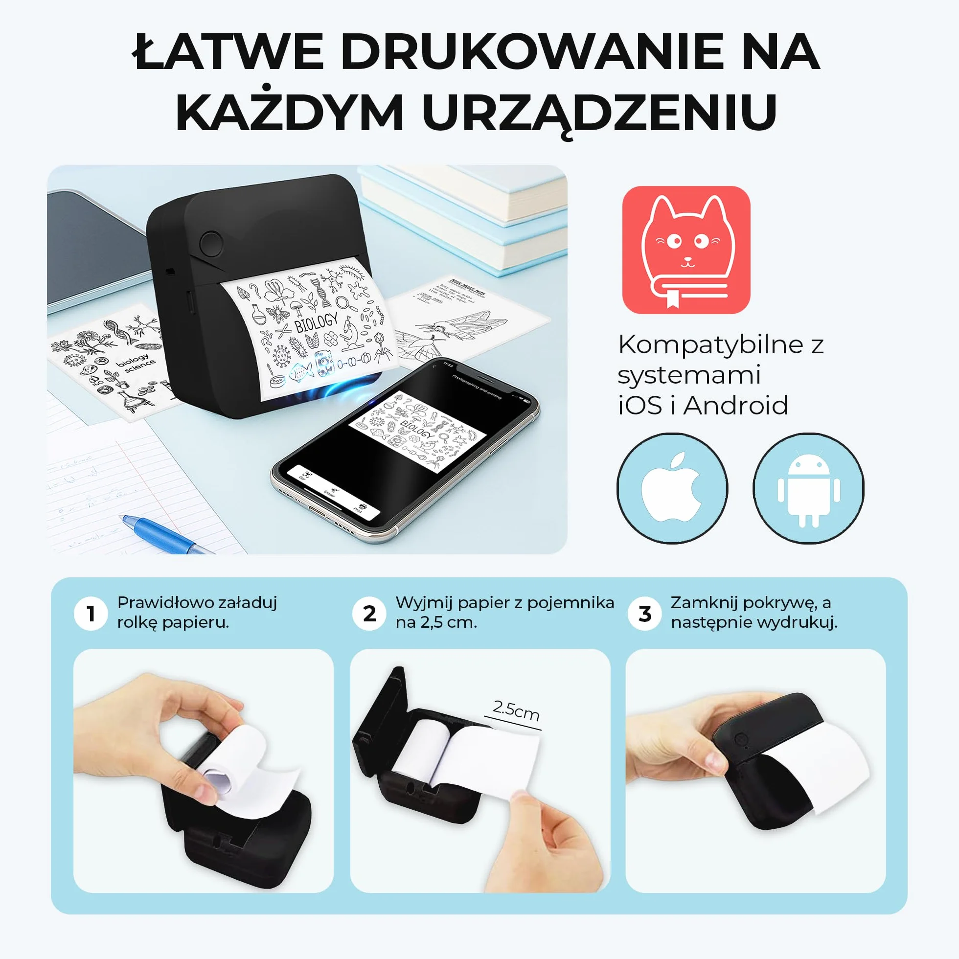 300 DPI Przenośna Mini Drukarka do Telefonu - Instant PrintPod - Bezatramentowa Drukarka Termiczna do Naklejek, Drukarka Bluetooth do Etykiet, Mini Drukarka do Zdjęć (Czarny)