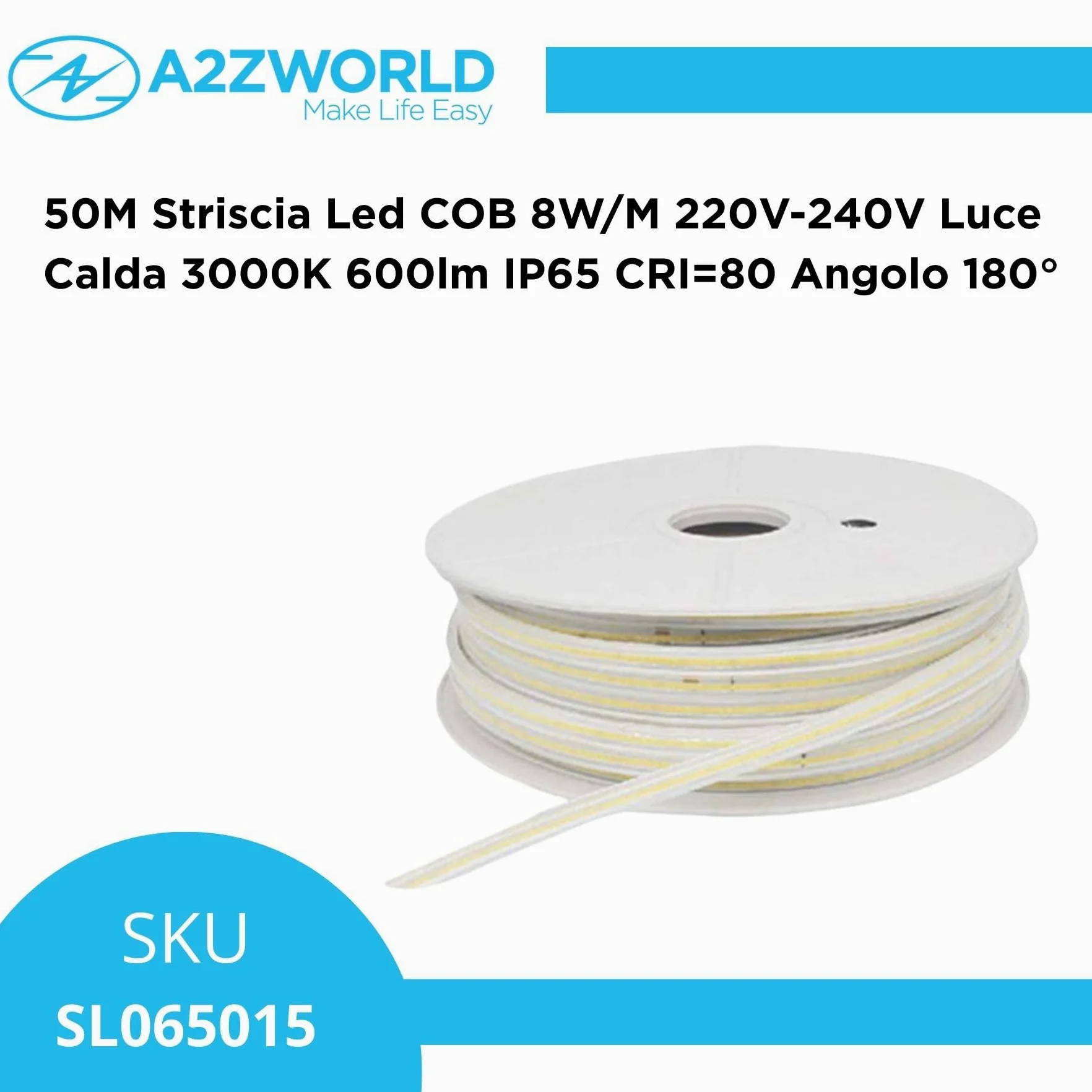 A2ZWORLD Taśma LED COB 220 V 50 m, 8 W/m, 600 lm/m, IP65, możliwość przycięcia co 50 cm, szerokość 12 mm, grubość 6 mm (ciepła biel 3000 K)