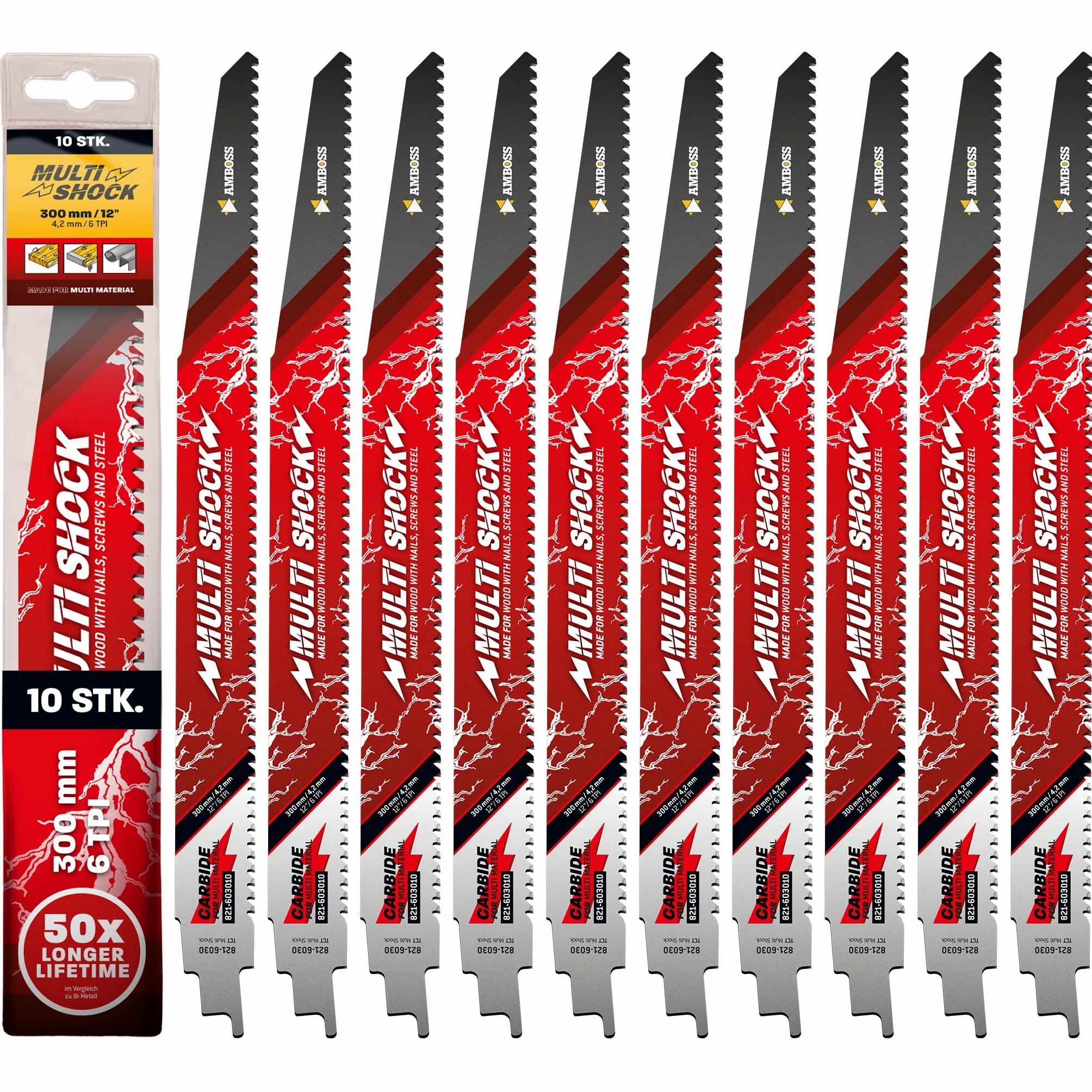AMBOSS MULTI SHOCK – 10 x brzeszczot do piły szablastej długość 300 mm / 6 ZpZ – idealny do drewna z gwoździami i drewnem ze śrubami oraz stalą – wiele materiałów