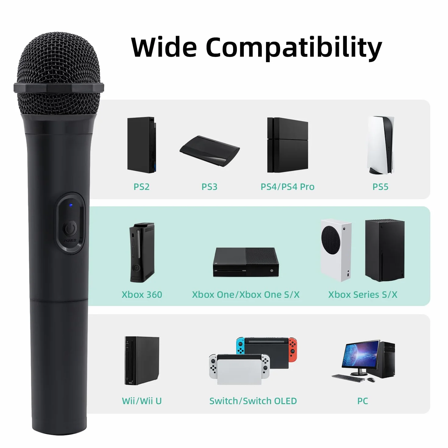 Mcbazel Bezprzewodowy Mikrofon Gamingowy do PS5/PS4/Pro/PS3/PS2/Xbox Series X|S/Xbox One X|S/Xbox One/360/NS Switch/Switch OLED/Wii/WiiU/PC, Niskie Opóźnienie, 2 Sztuki