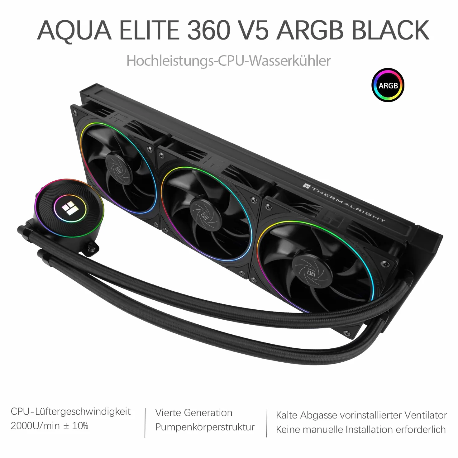 TR-Thermalright Aqua Elite 360 V5 ARGB Black chłodziarka cieczy do CPU, chłodzenie AIO 360 mm, 3 wentylatory PWM – ARGB – 2000 obr./min, do AM4/AM5, Intel LGA1851/1700/115x/1200 (czarny)