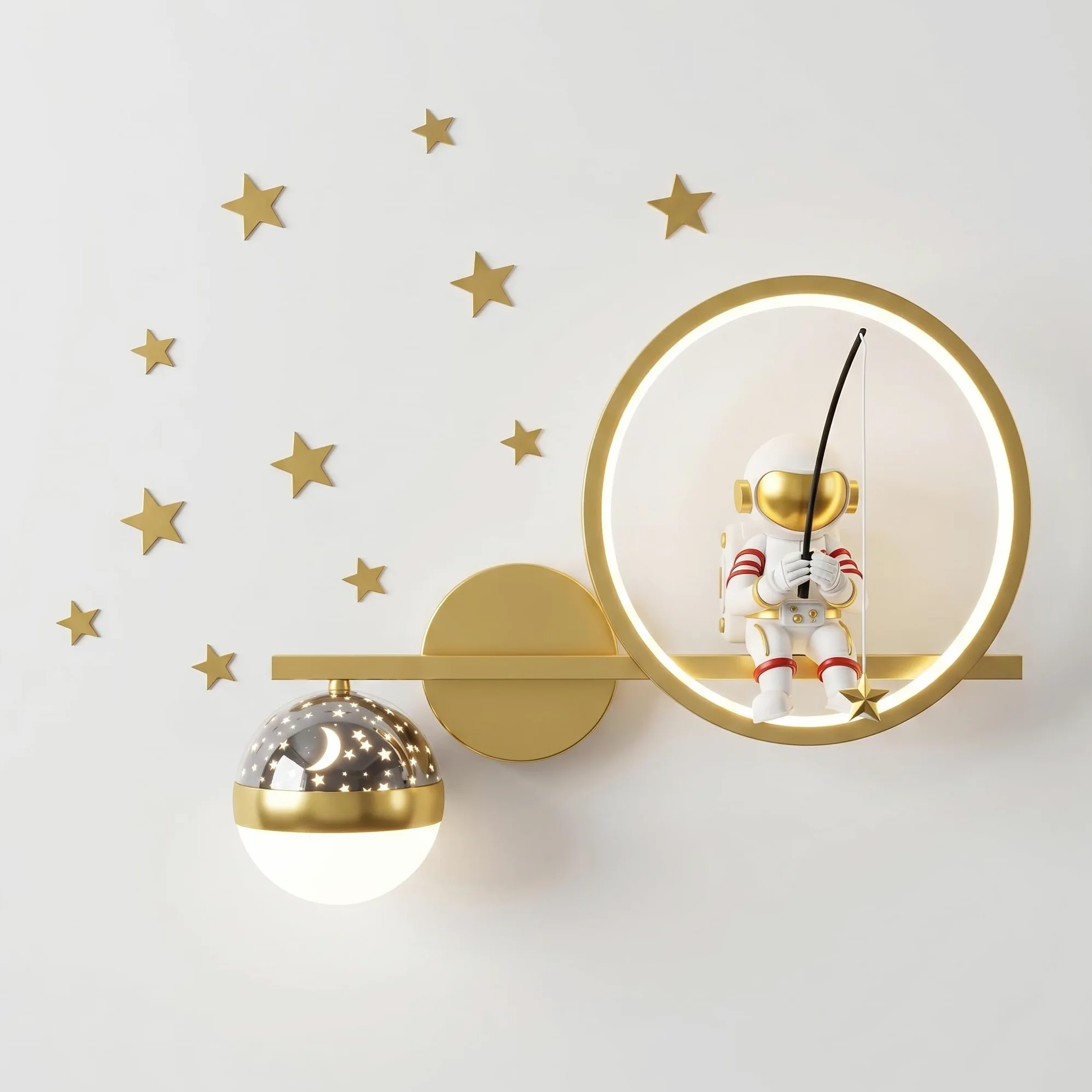 Nowoczesny astronauta ściemniane kinkiety ścienne LED księżyc gwiazda projekcja kula oświetlenie do pokoju dziecięcego sypialni lampa ścienna z połowy wieku lampka nocna dla chłopców dziewcząt