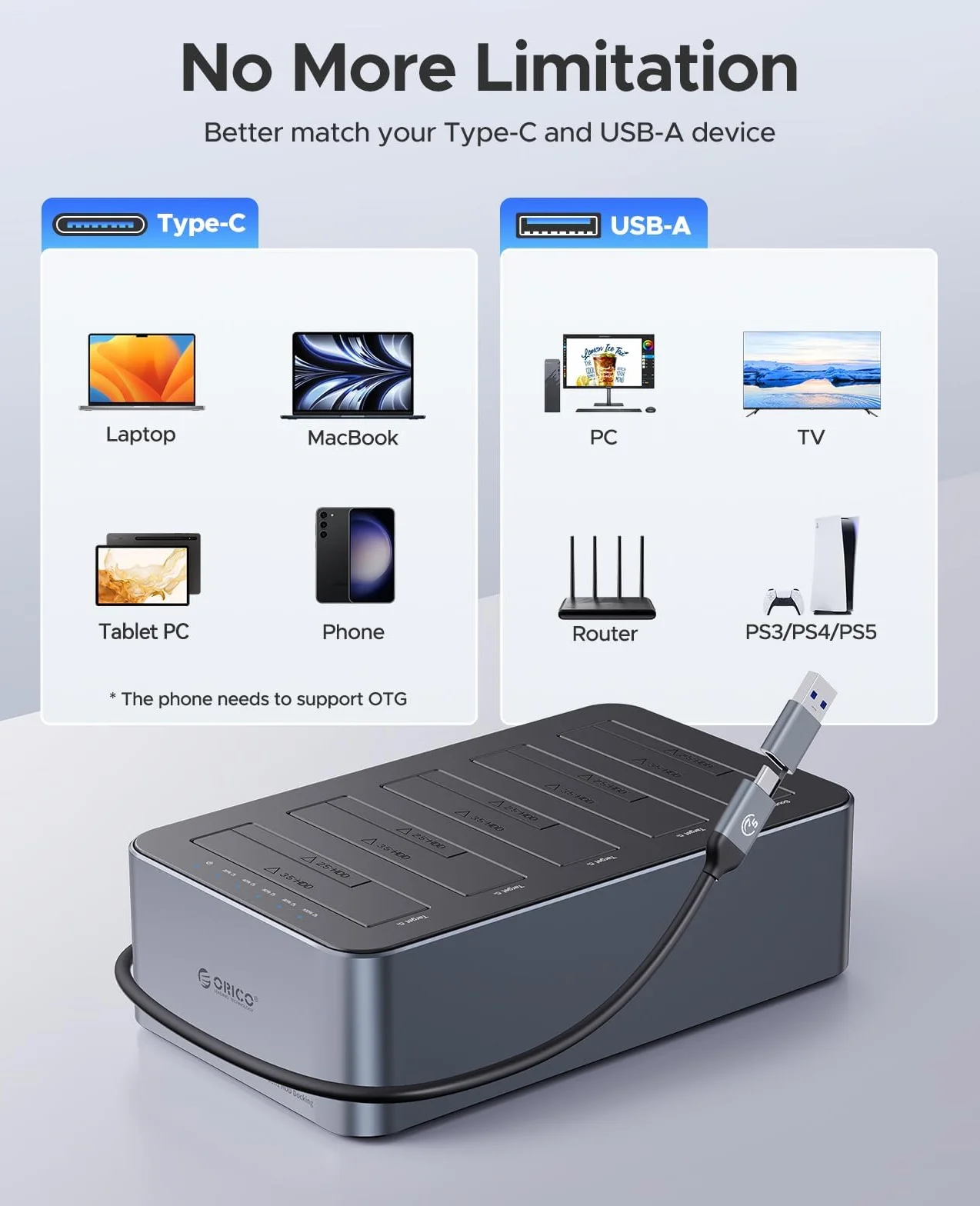 ORICO Clone HDD Aluminiowa stacja dokująca USB 3.2 Gen 1 do SATA 2,5/3,5" SSD/HDD do 20 TB, klonowanie offline