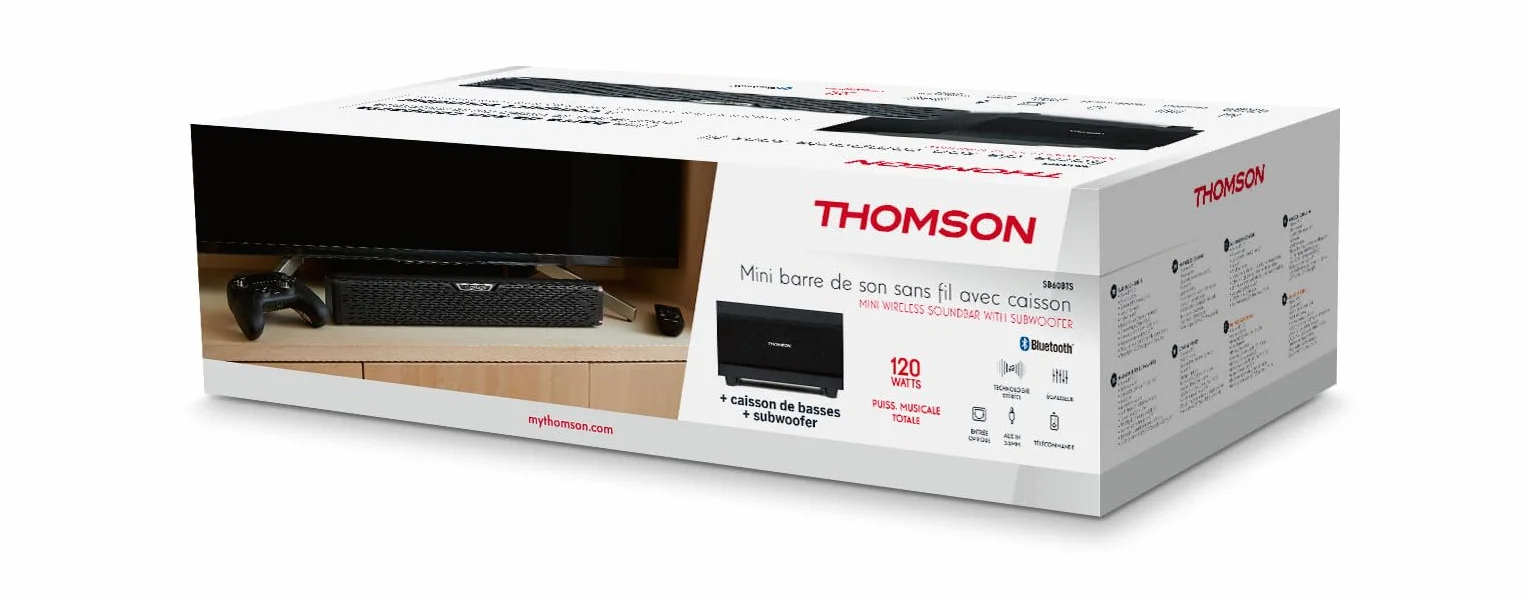 Thomson SB60BTS Soundbar – 120W Całkowitej Mocy Muzycznej –Bluetooth 5.0 – W Zestawie Subwoofer – Możliwość Montażu na Ścianie – Wejście Optyczne i AUX – Pilot zdalnego sterowania