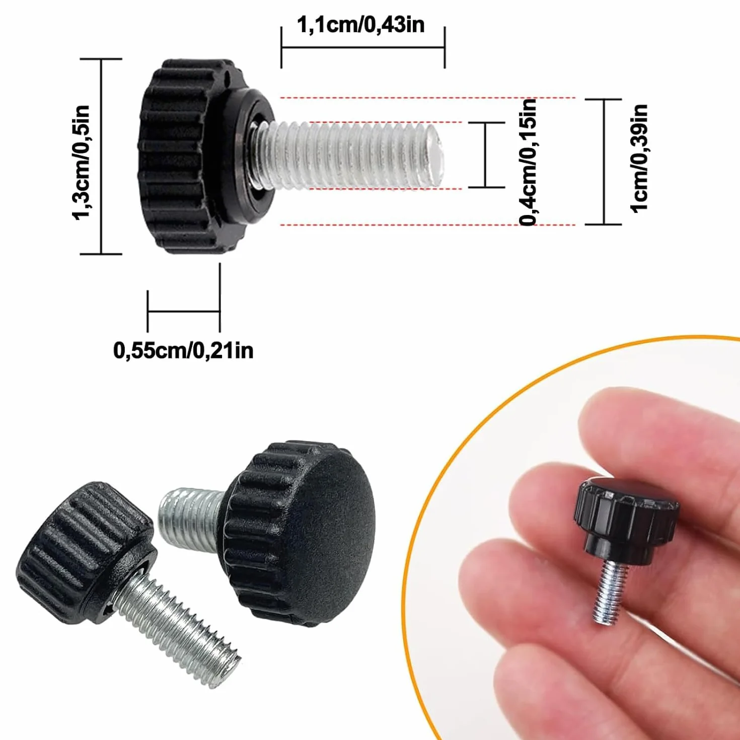 Śruby radełkowane, śruba radełkowana M4 x 10 mm, z gwintem, śruba z uchwytem okrągłym, śruba radełkowana do maszyn, z walizką do przechowywania, 20 sztuk