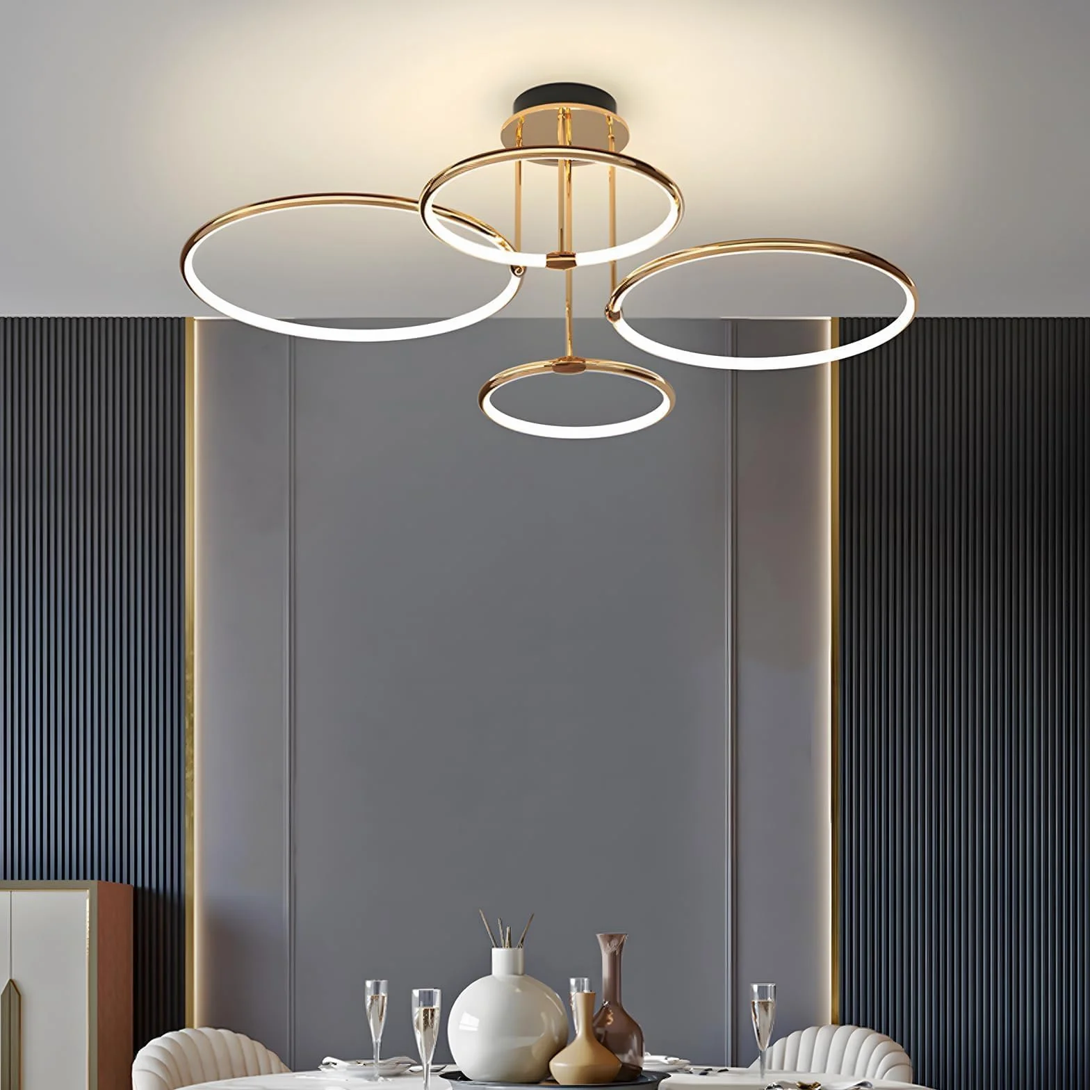 4 Okrągłe Pierścienie Złota Lampa Sufitowa Led, Ø75cm Żyrandol O Średnicy, 85W Bezstopniowo Przyciemniana, Kreatywna Metalowa Galwanizowana Lampa Wisząca, Nowoczesna Lampa Do Sypialni, Salonu Biura
