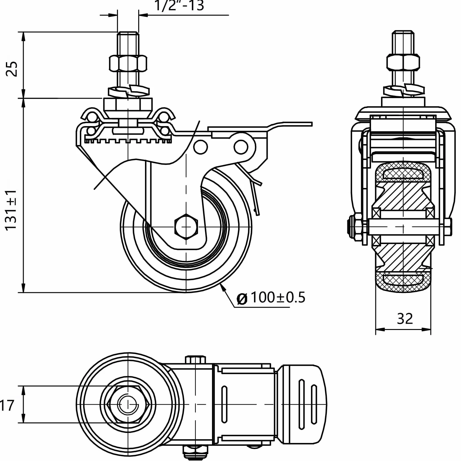 Zestaw 4 kółek obrotowych z trzpieniem gwintowanym, 4 cale, wytrzymałych, 1/2"-13 x 1, z hamulcem, z poliuretanu, z blokadą przemysłową, do wózków/mebli, 2200 funtów, gładkie kółka, czerwone