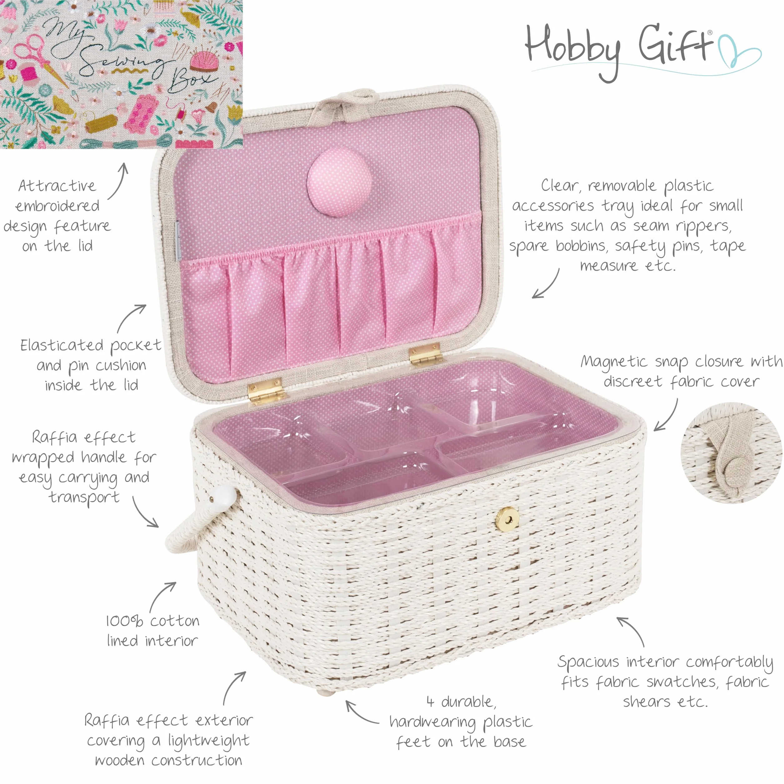 Hobby Gift Owalna skrzynka na przybory do szycia - duża, wygląd bawełny i lnu, haftowany wzór „Ma Couture”, boki i uchwyt z wikliny, wewnętrzna tacka, kieszeń i poduszka na szpilki, 23,5x31,5x16cm